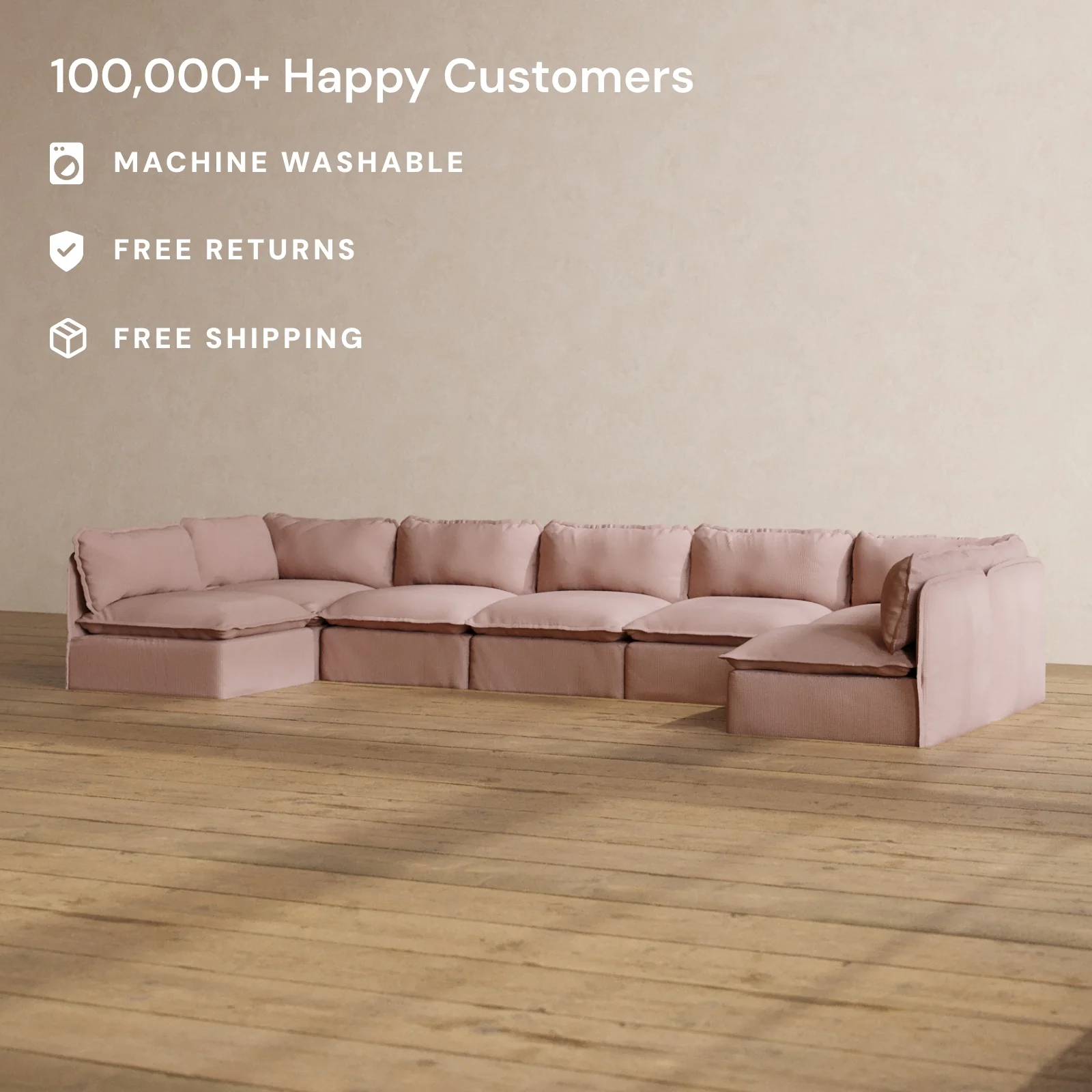 Modular Washable 7-Seater Open-Ends U-Sectional in Sakura | Deluxe+ Seat | Cloud Pillow - Image 2