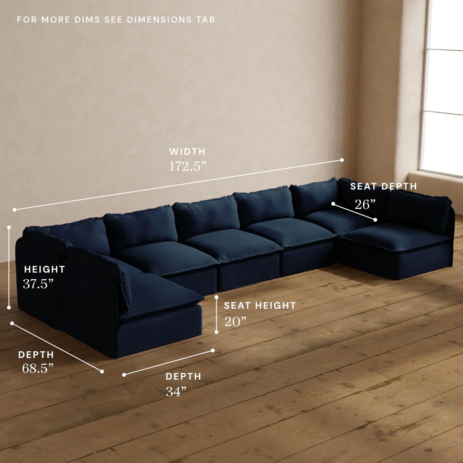 Modular Washable 7-Seater Open-Ends U-Sectional in Sumi | Deluxe+ Seat | Cloud Pillow - Image 5