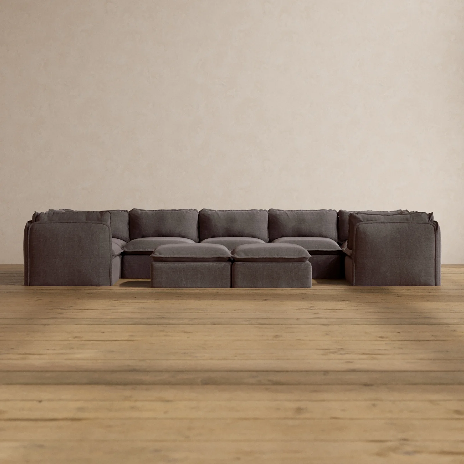 Modular Washable 7-Seater U-Sectional + Bench Ottoman in Caviar | Deluxe+ Seat | Cloud Pillow