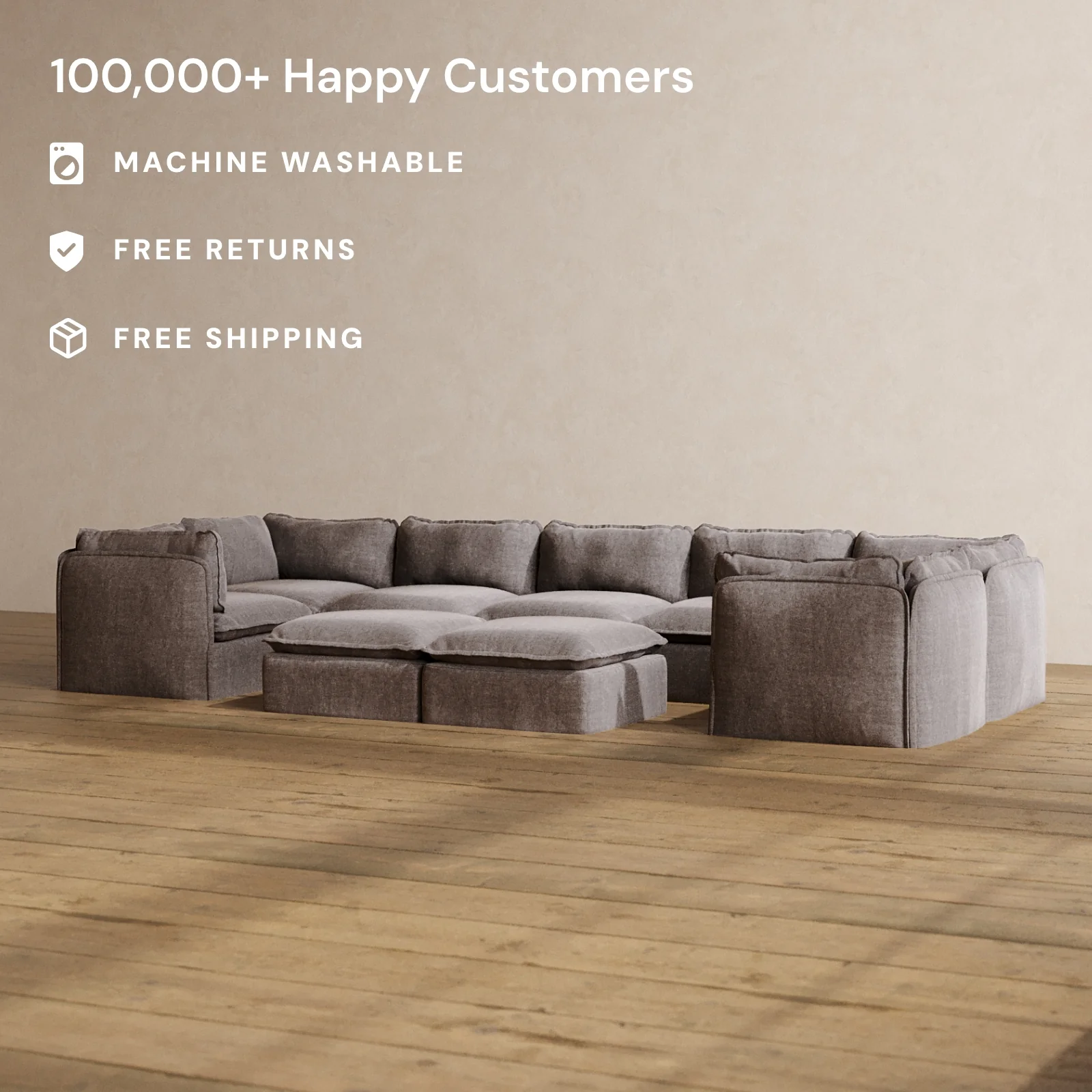Modular Washable 7-Seater U-Sectional + Bench Ottoman in Caviar | Deluxe+ Seat | Cloud Pillow - Image 2