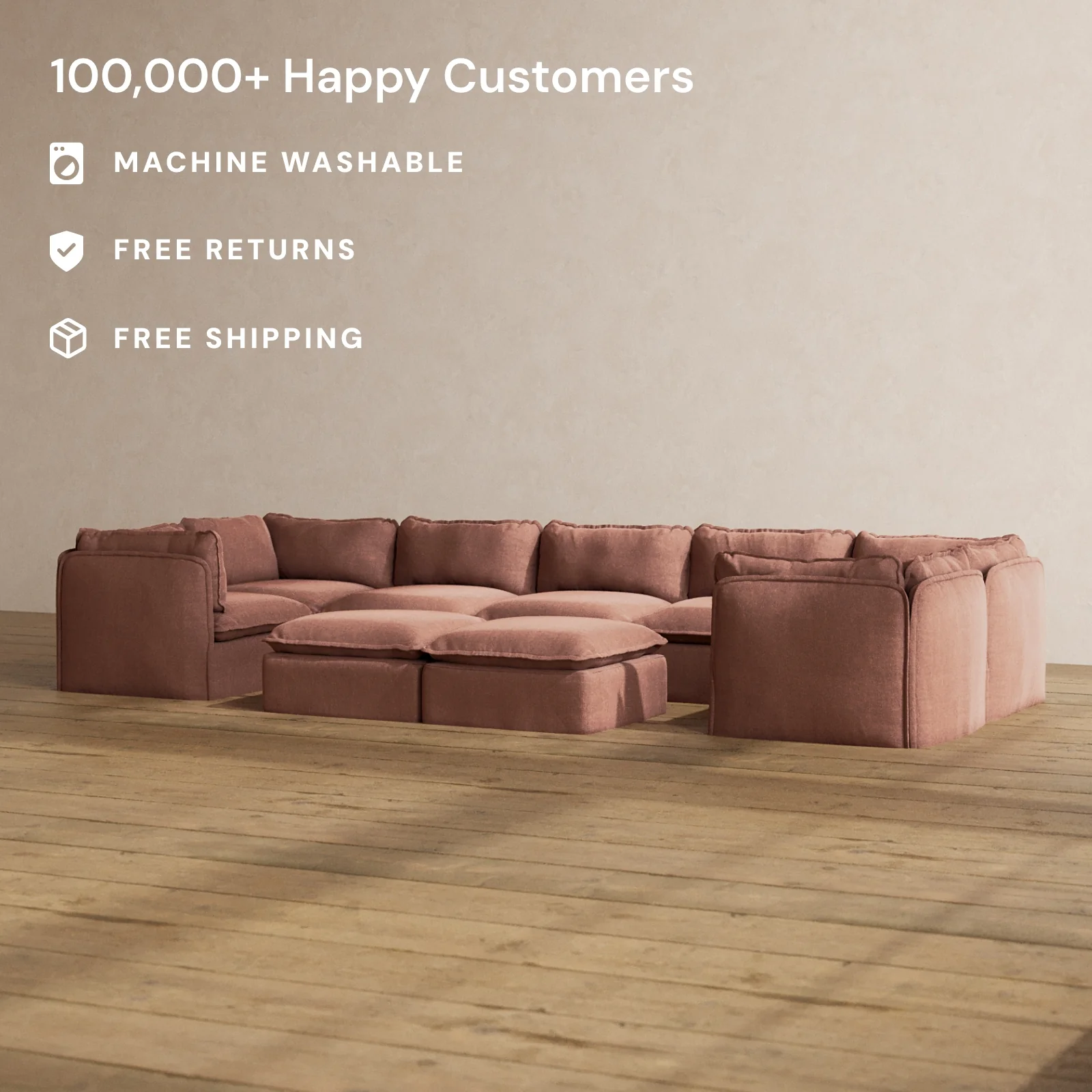 Modular Washable 7-Seater U-Sectional + Bench Ottoman in Chestnut | Deluxe+ Seat | Cloud Pillow - Image 2