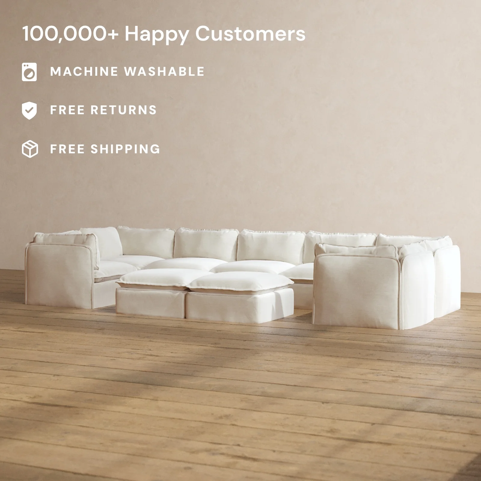 Modular Washable 7-Seater U-Sectional + Bench Ottoman in Coco | Memorix+ Seat | Contour Pillow - Image 2