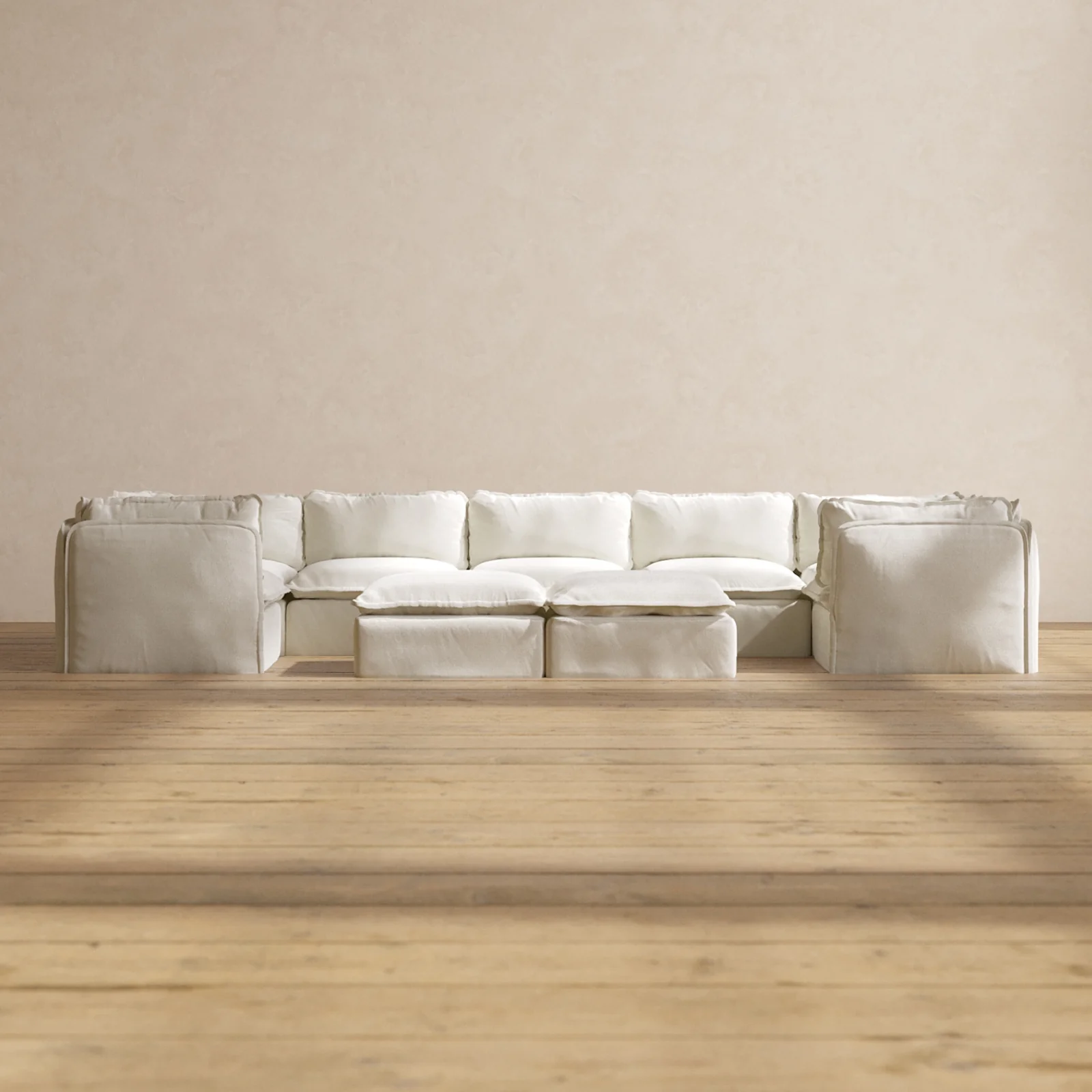 Modular Washable 7-Seater U-Sectional + Bench Ottoman in Eggshell | Deluxe+ Seat | Cloud Pillow