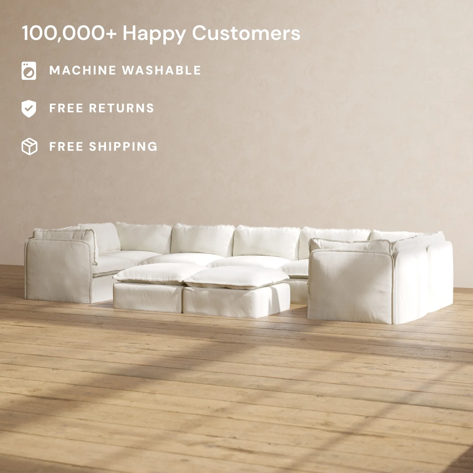 Modular Washable 7-Seater U-Sectional + Bench Ottoman in Eggshell | Deluxe+ Seat | Cloud Pillow - Image 2