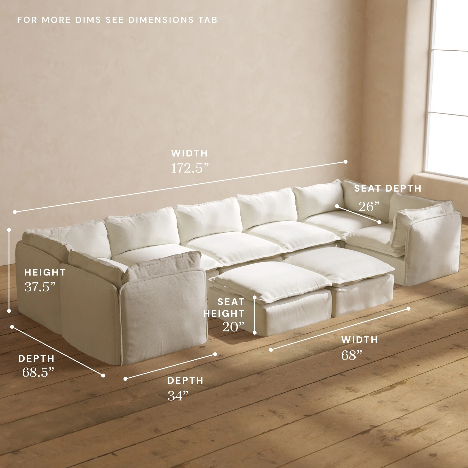 Modular Washable 7-Seater U-Sectional + Bench Ottoman in Eggshell | Deluxe+ Seat | Cloud Pillow - Image 5