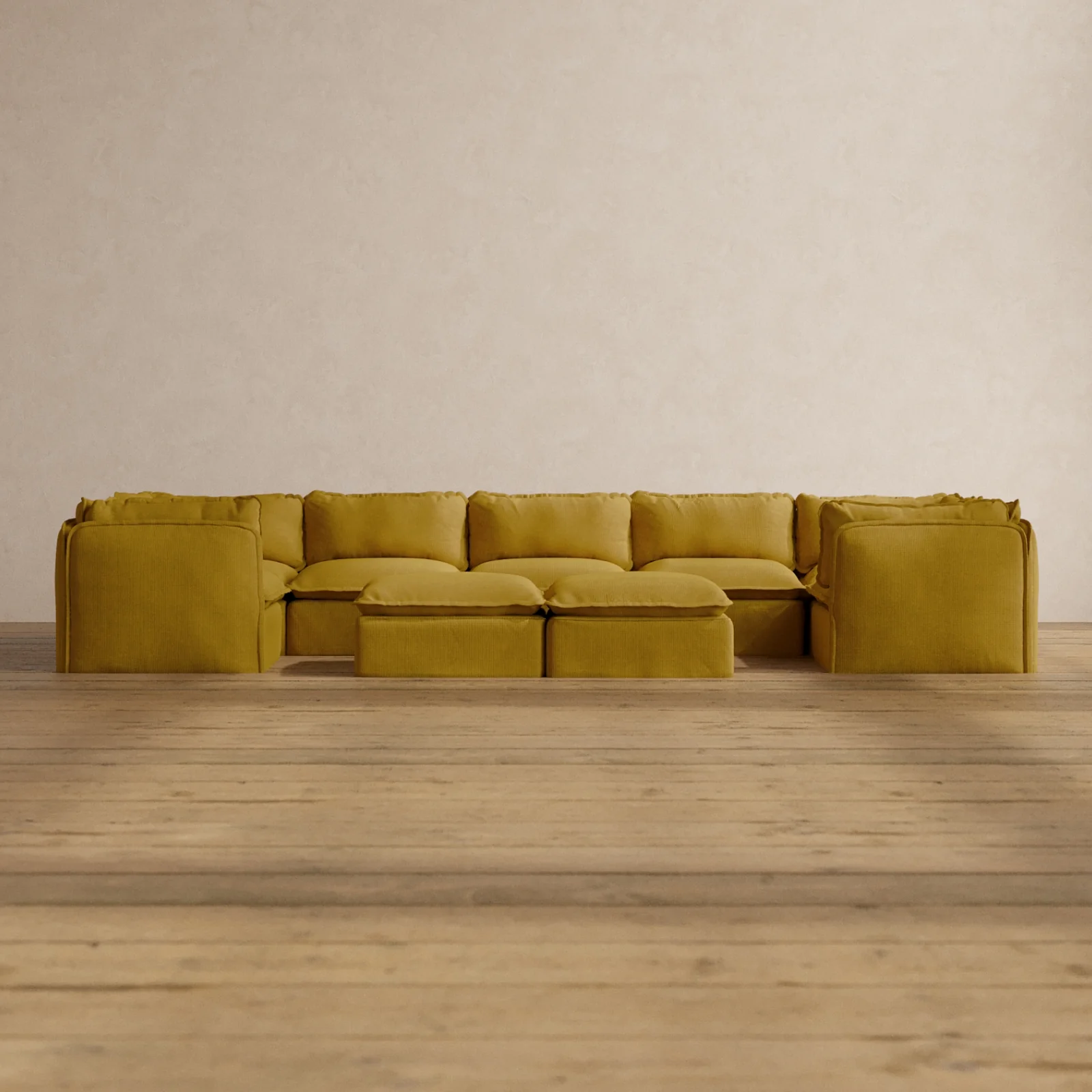 Modular Washable 7-Seater U-Sectional + Bench Ottoman in Kiiro | Deluxe+ Seat | Cloud Pillow