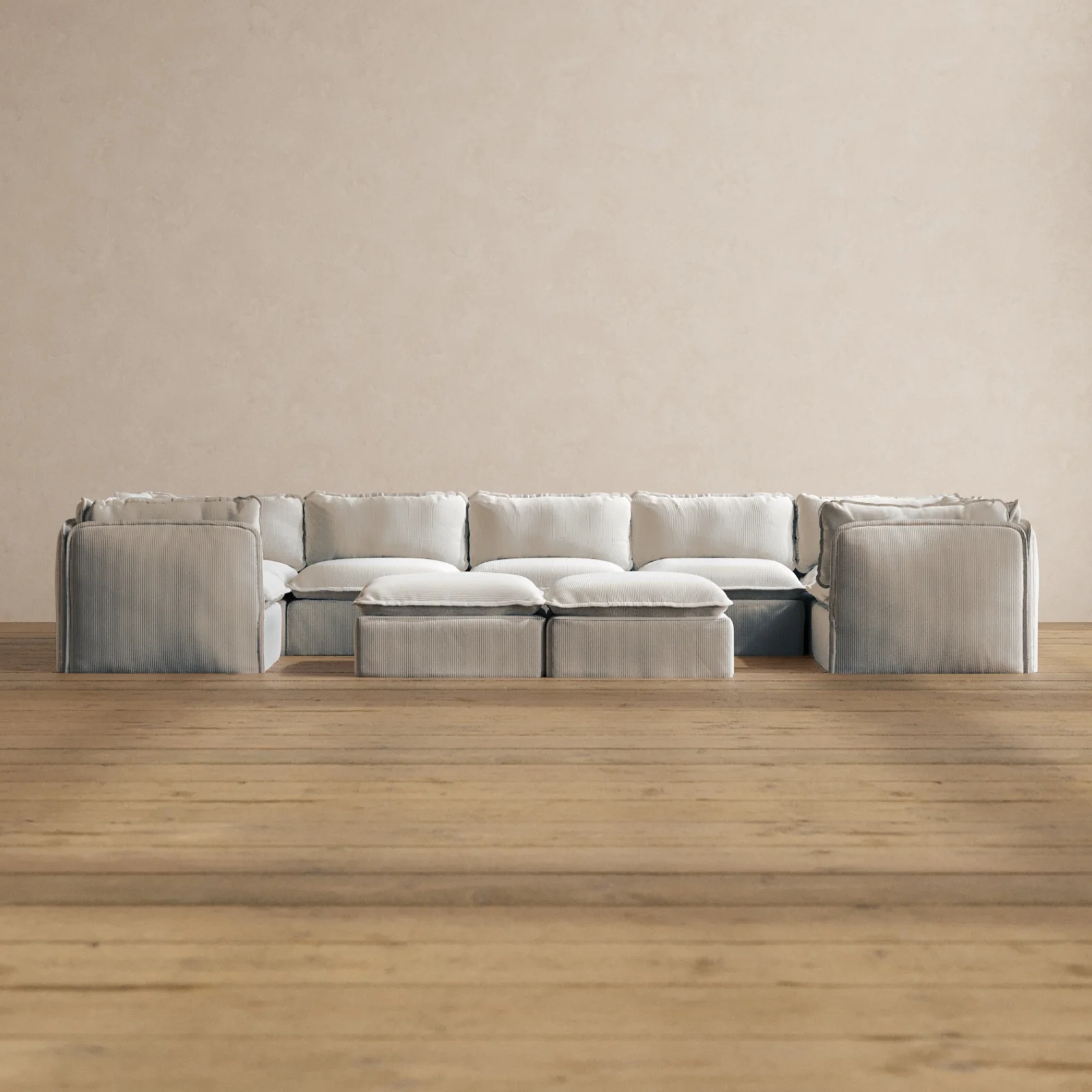Modular Washable 7-Seater U-Sectional + Bench Ottoman in Milk | Memorix+ Seat | Contour Pillow