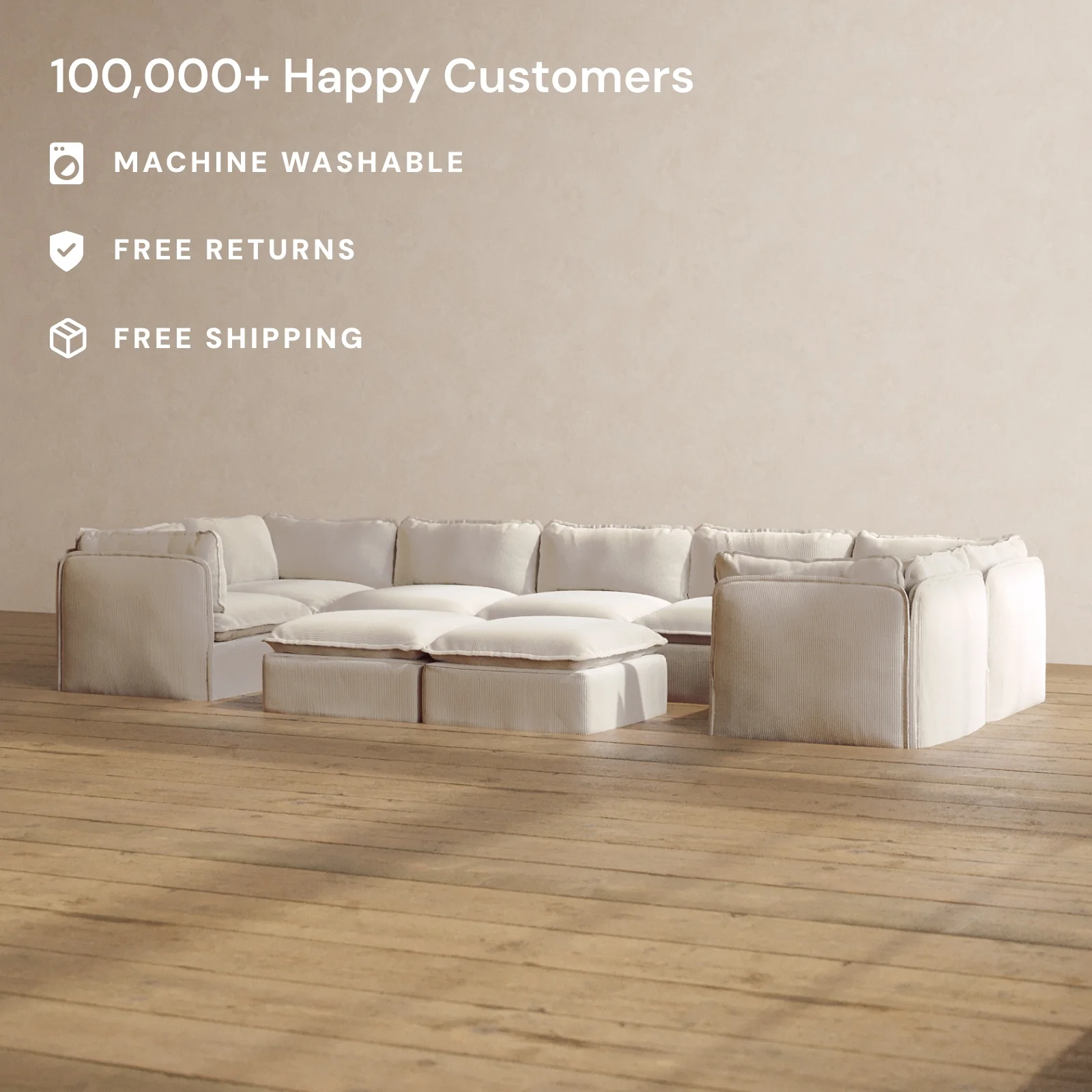 Modular Washable 7-Seater U-Sectional + Bench Ottoman in Milk | Memorix+ Seat | Contour Pillow - Image 2