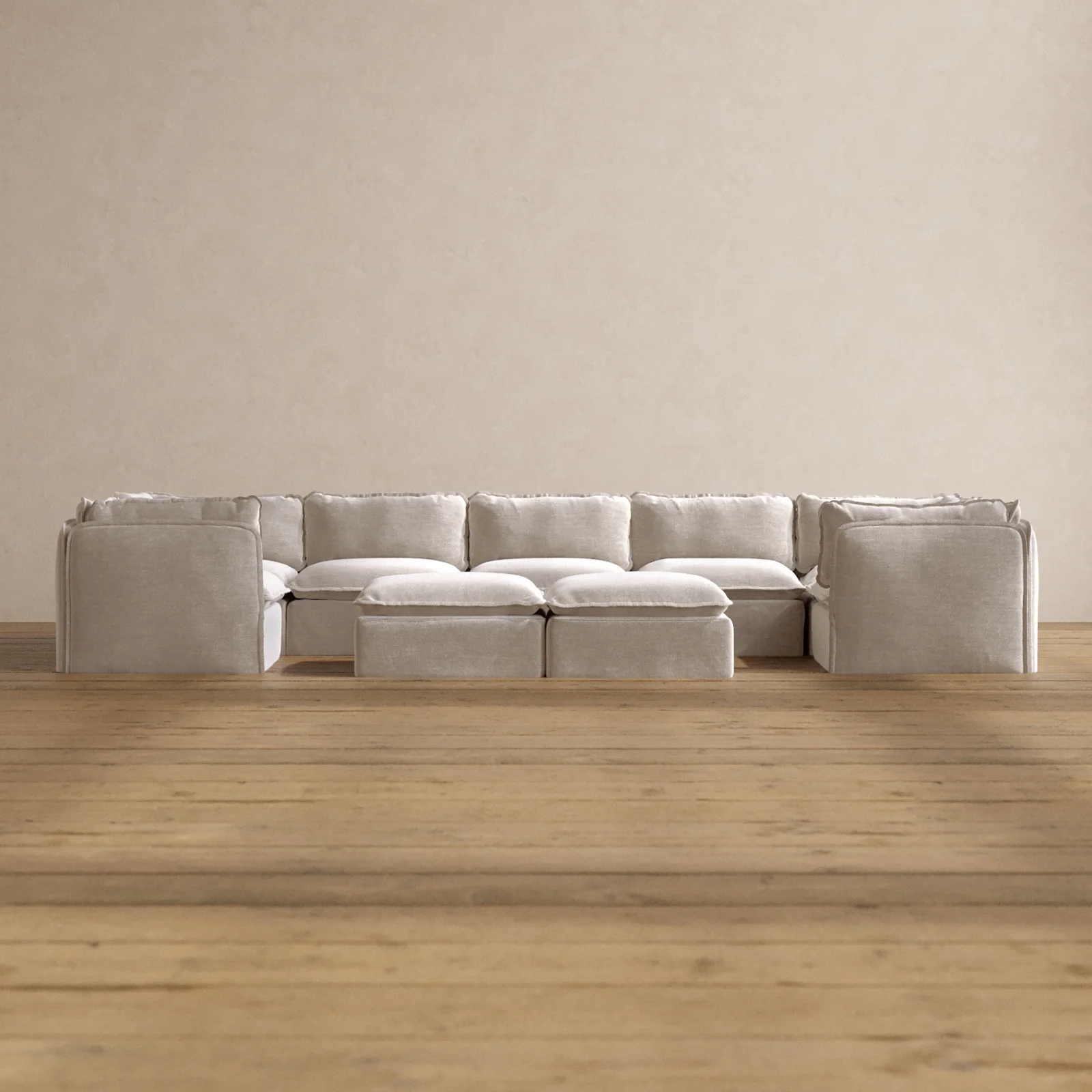 Modular Washable 7-Seater U-Sectional + Bench Ottoman in Mist | Memorix+ Seat | Contour Pillow