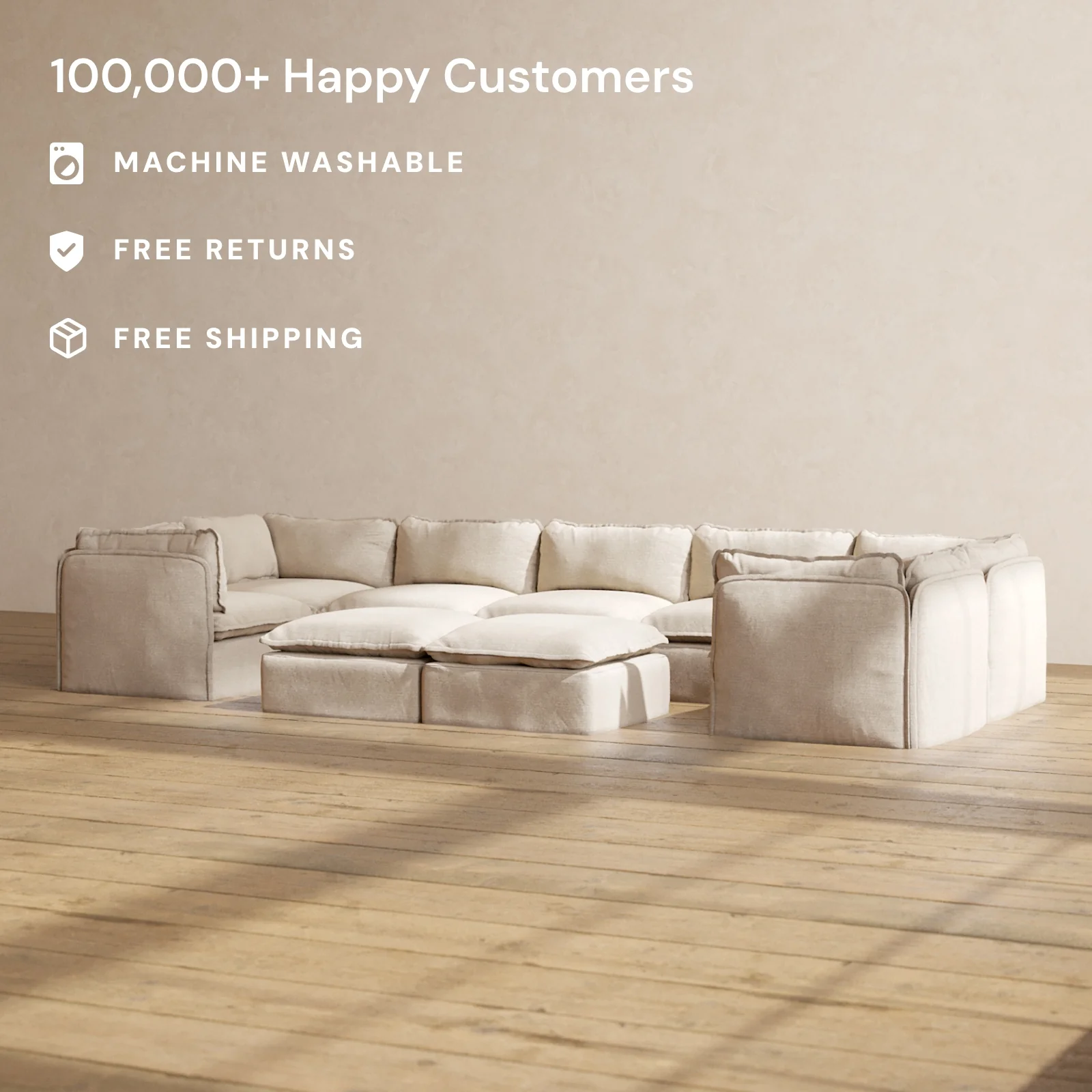 Modular Washable 7-Seater U-Sectional + Bench Ottoman in Oat | Deluxe+ Seat | Cloud Pillow - Image 2
