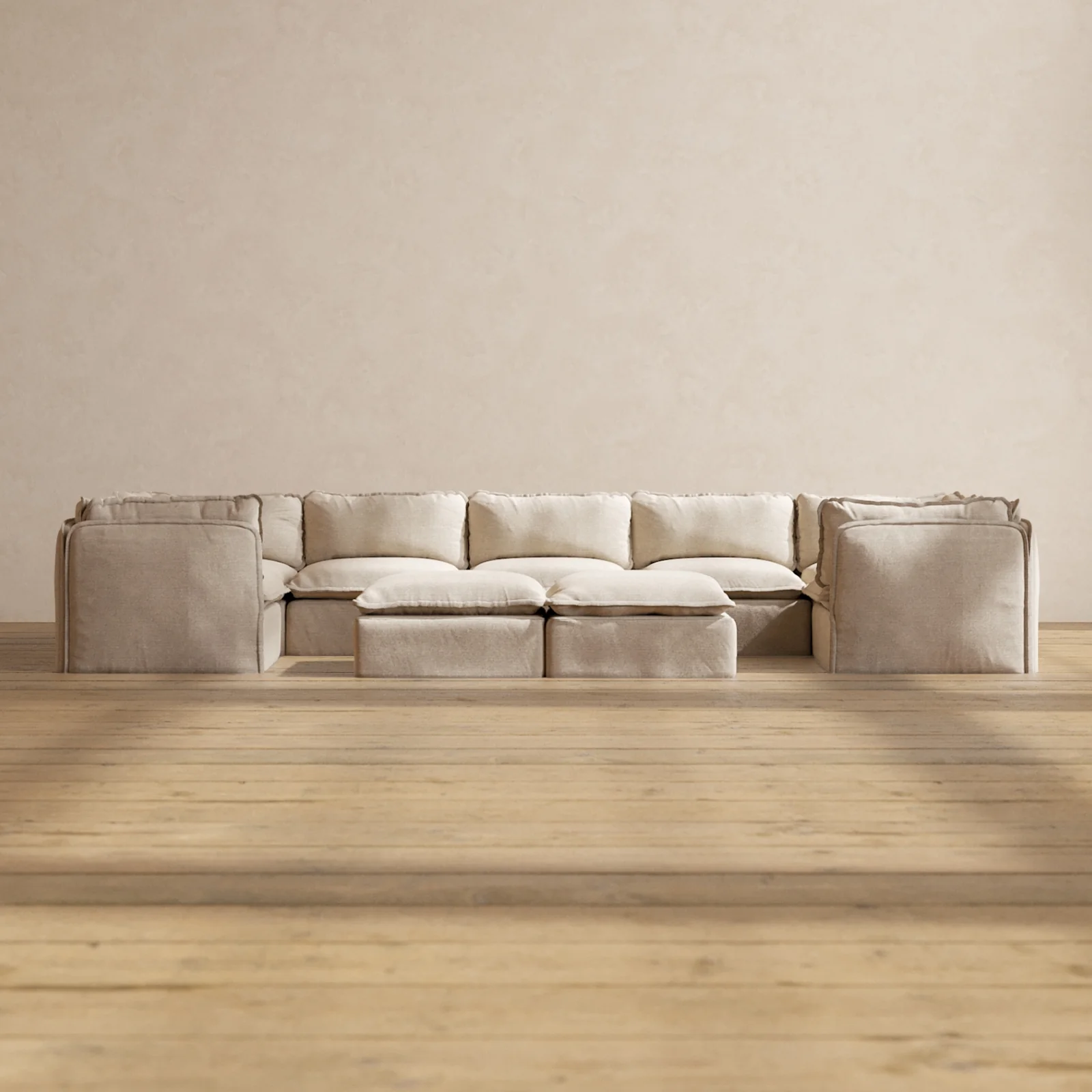 Modular Washable 7-Seater U-Sectional + Bench Ottoman in Oat | Memorix+ Seat | Contour Pillow