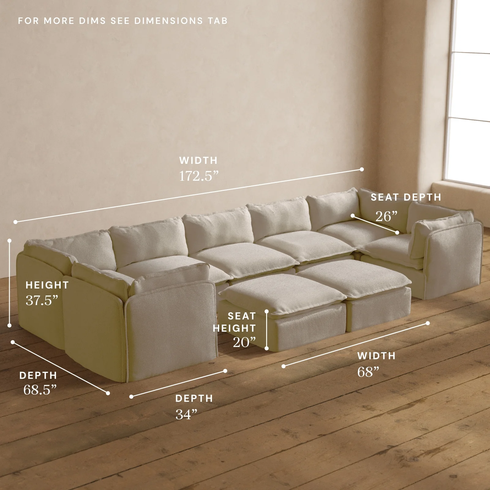 Modular Washable 7-Seater U-Sectional + Bench Ottoman in Powder | Deluxe+ Seat | Cloud Pillow - Image 5