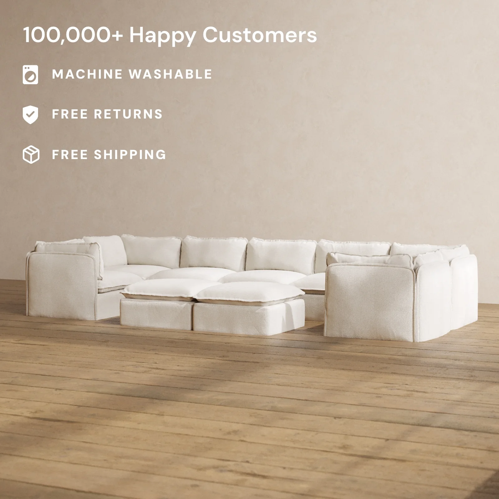 Modular Washable 7-Seater U-Sectional + Bench Ottoman in Powder | Memorix+ Seat | Contour Pillow - Image 2