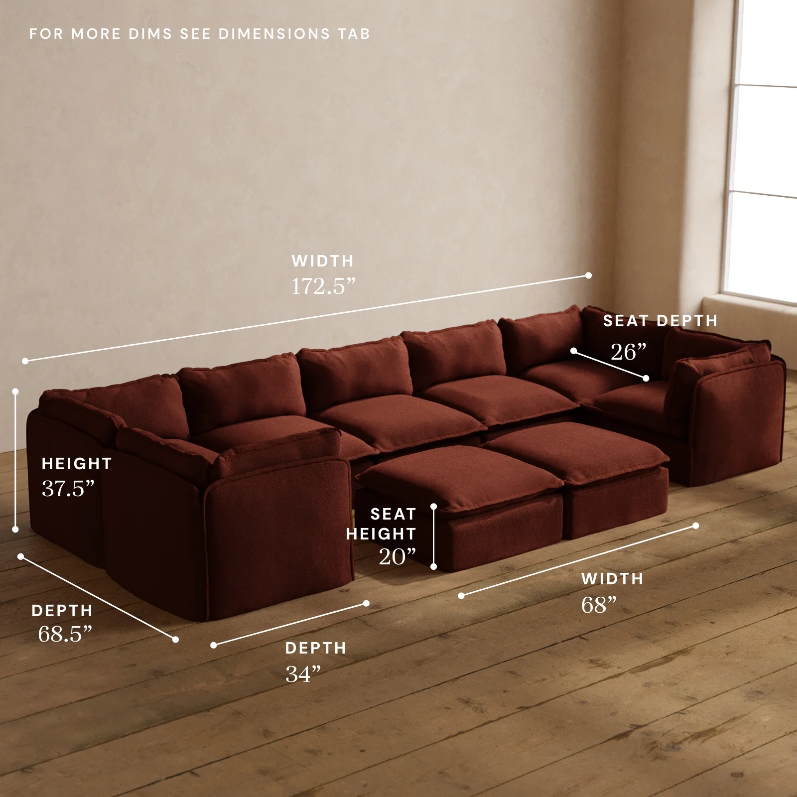 Modular Washable 7-Seater U-Sectional + Bench Ottoman in Rust | Memorix+ Seat | Contour Pillow - Image 5