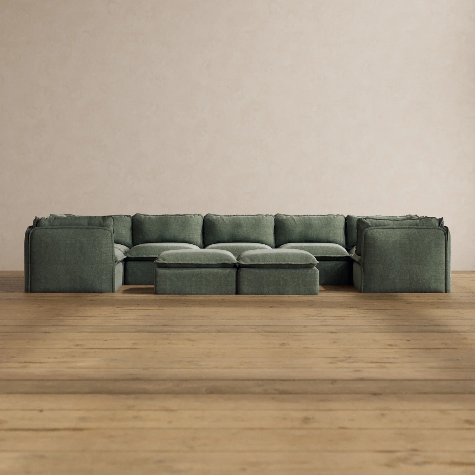 Modular Washable 7-Seater U-Sectional + Bench Ottoman in Willow | Deluxe+ Seat | Cloud Pillow