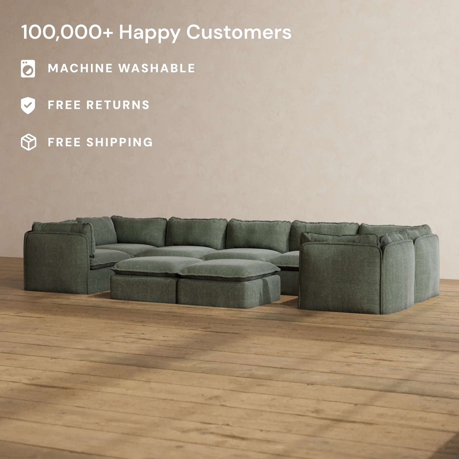 Modular Washable 7-Seater U-Sectional + Bench Ottoman in Willow | Deluxe+ Seat | Cloud Pillow - Image 2