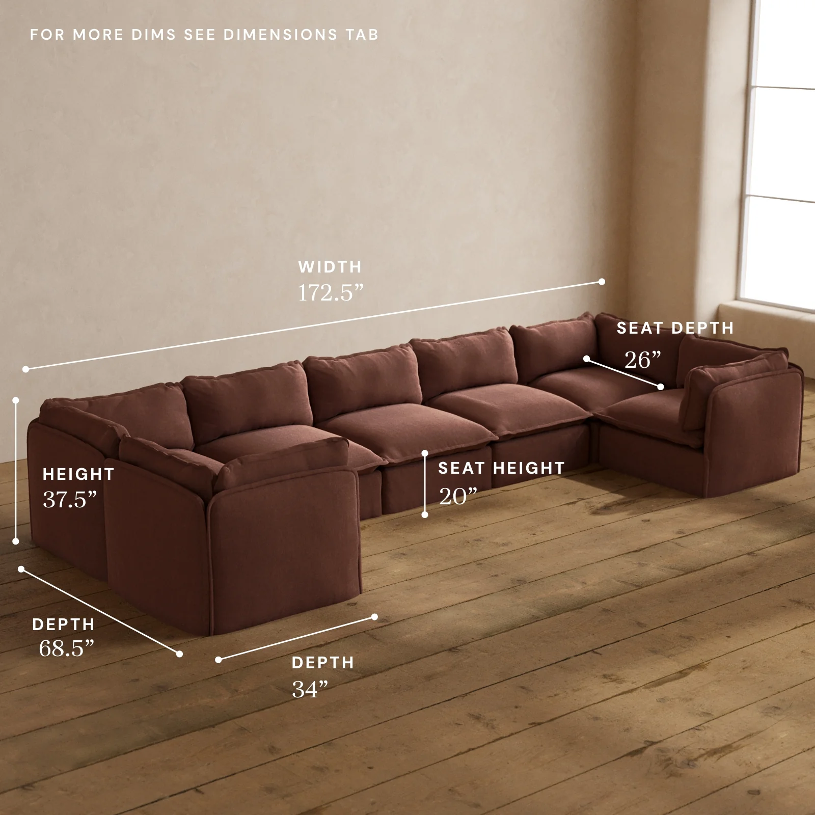 Modular Washable 7-Seater U-Sectional in Chestnut | Memorix+ Seat | Contour Pillow - Image 5