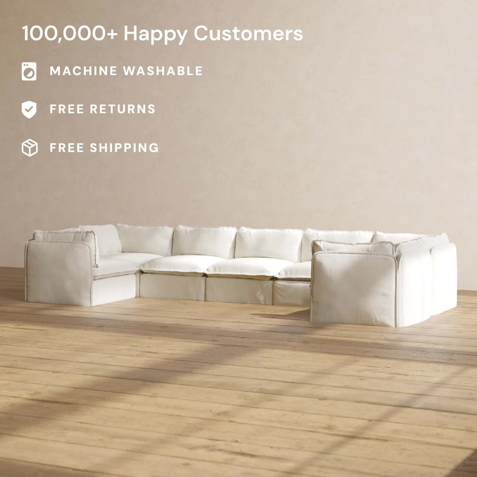 Modular Washable 7-Seater U-Sectional in Eggshell | Deluxe+ Seat | Cloud Pillow - Image 2