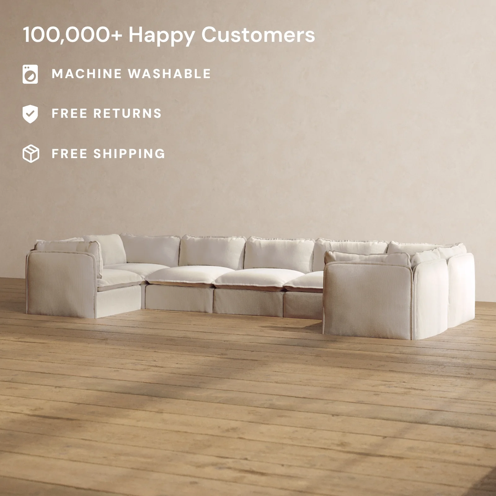 Modular Washable 7-Seater U-Sectional in Milk | Memorix+ Seat | Contour Pillow - Image 2
