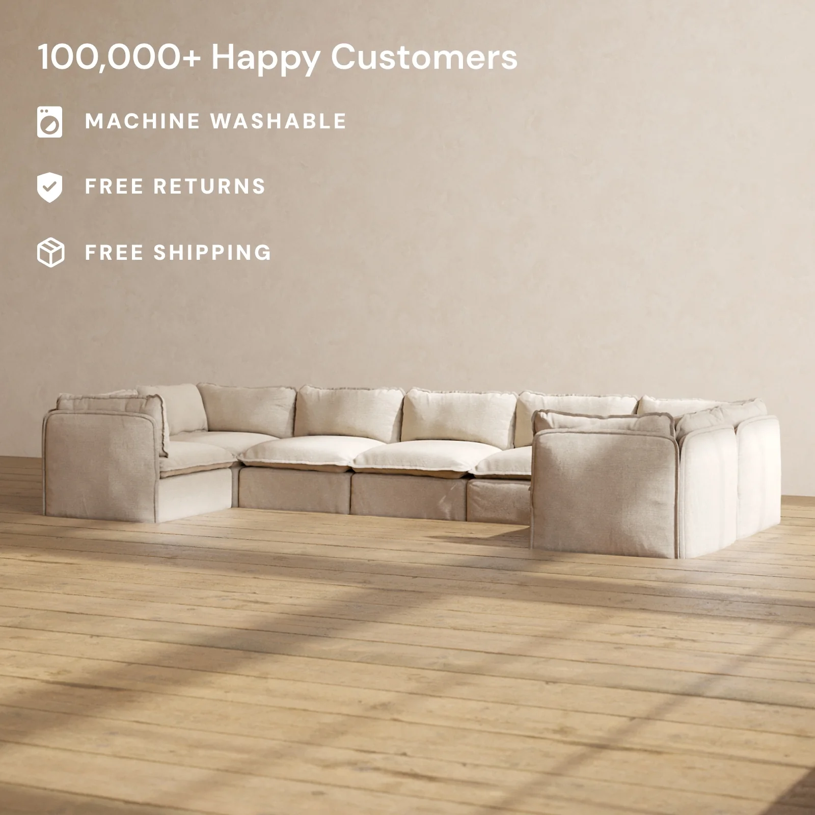 Modular Washable 7-Seater U-Sectional in Oat | Memorix+ Seat | Contour Pillow - Image 2