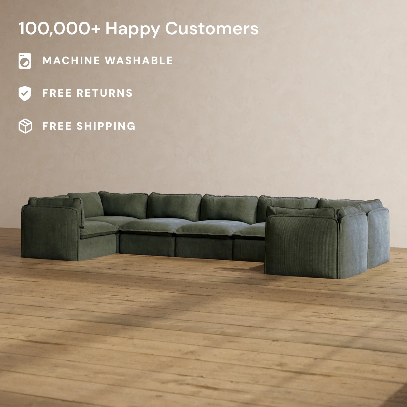 Modular Washable 7-Seater U-Sectional in Olivine | Memorix+ Seat | Contour Pillow - Image 2