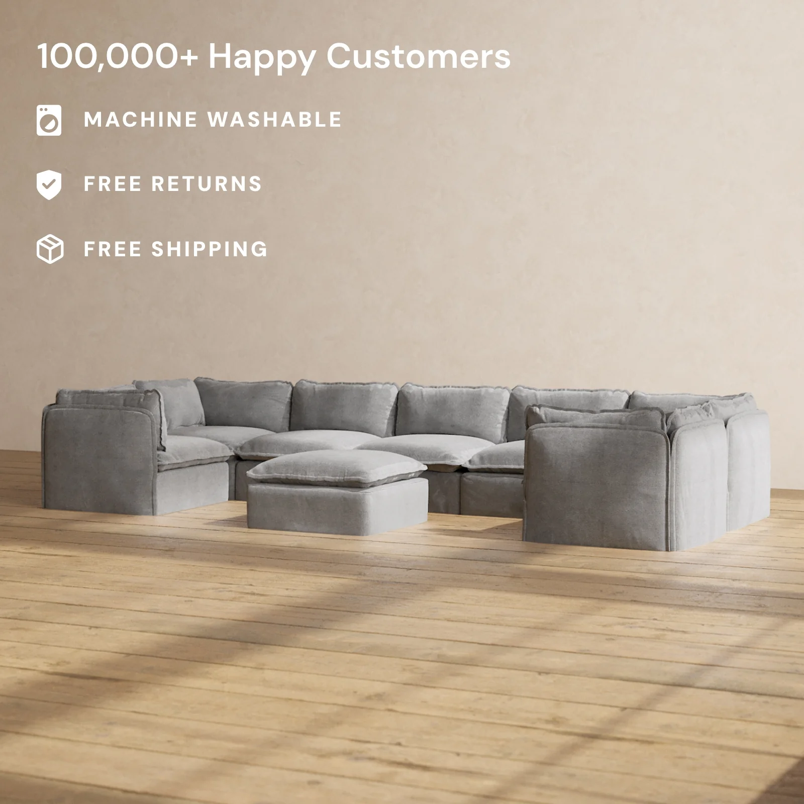 Modular Washable 7-Seater U-Sectional + Ottoman in Ash | Deluxe+ Seat | Cloud Pillow - Image 2