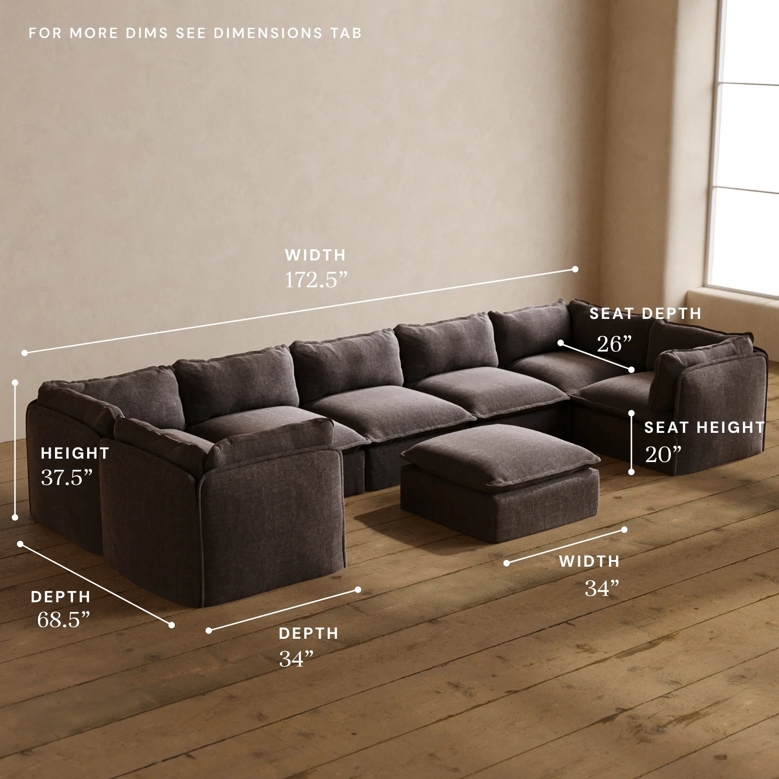 Modular Washable 7-Seater U-Sectional + Ottoman in Caviar | Memorix+ Seat | Contour Pillow - Image 5