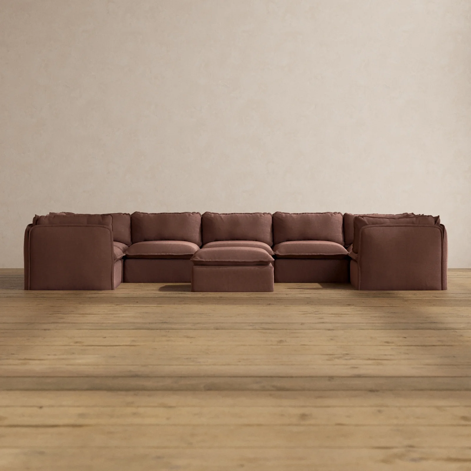 Modular Washable 7-Seater U-Sectional + Ottoman in Chestnut | Memorix+ Seat | Contour Pillow