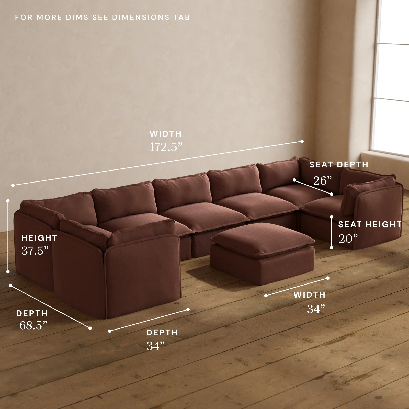 Modular Washable 7-Seater U-Sectional + Ottoman in Chestnut | Memorix+ Seat | Contour Pillow - Image 5