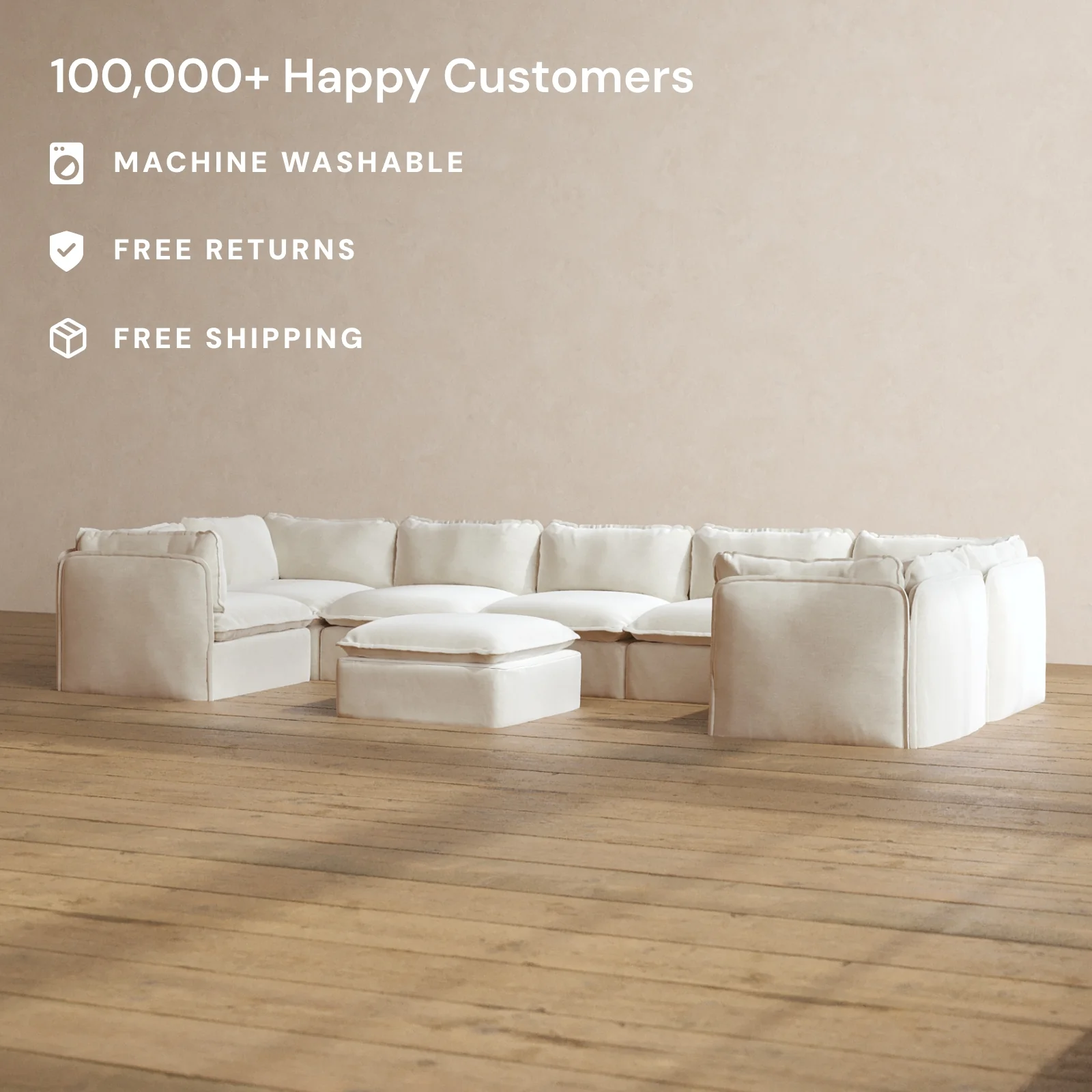 Modular Washable 7-Seater U-Sectional + Ottoman in Coco | Memorix+ Seat | Contour Pillow - Image 2