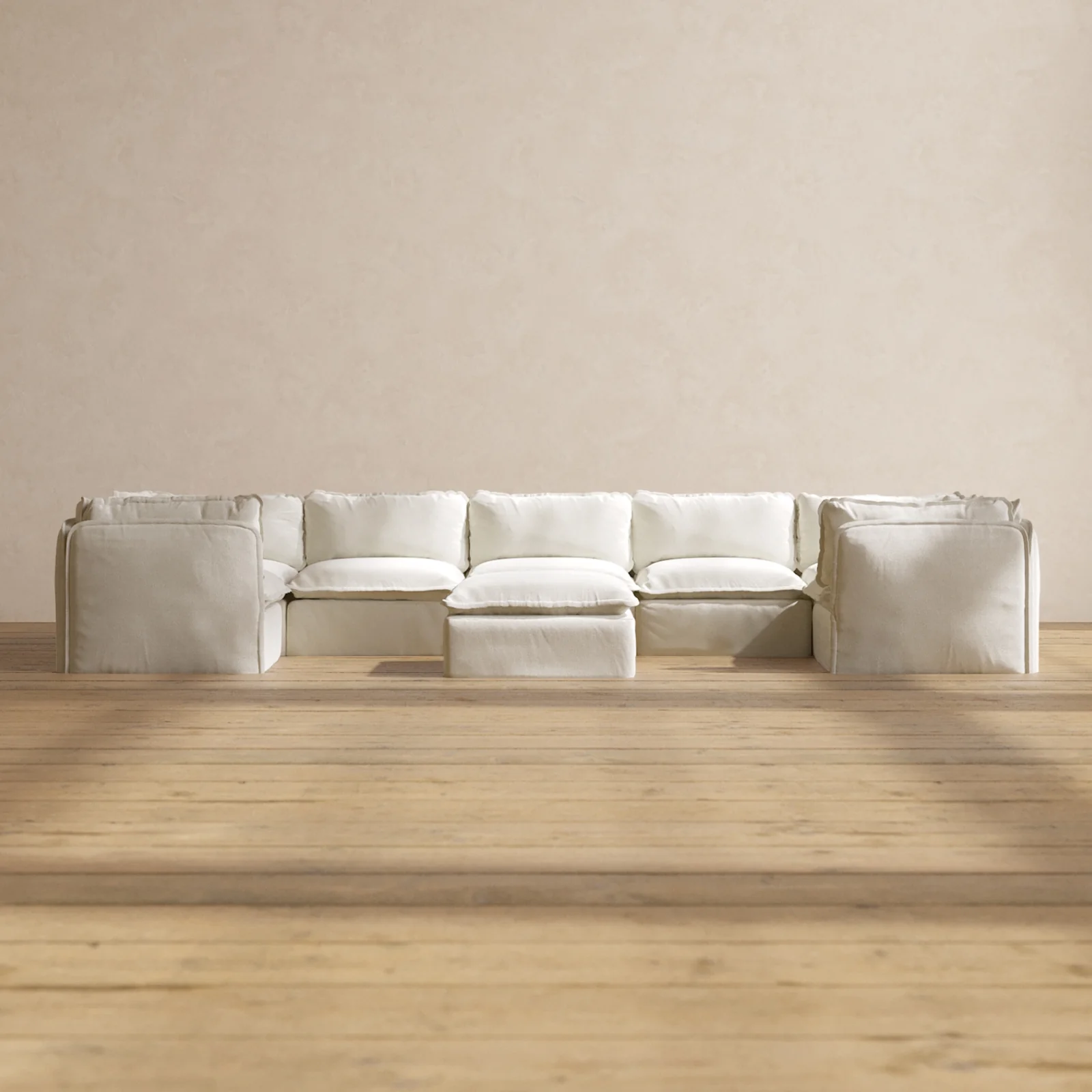 Modular Washable 7-Seater U-Sectional + Ottoman in Eggshell | Deluxe+ Seat | Cloud Pillow