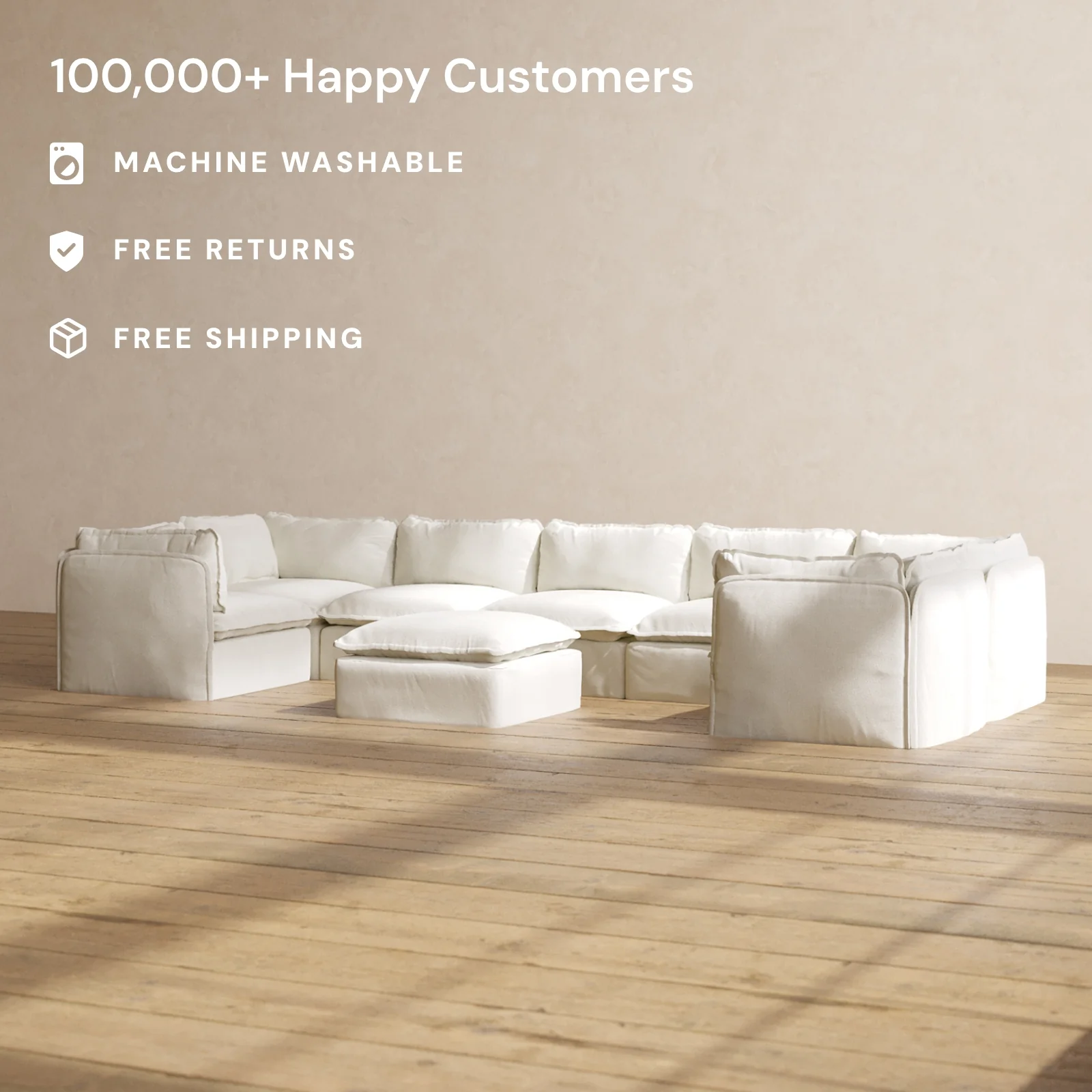 Modular Washable 7-Seater U-Sectional + Ottoman in Eggshell | Deluxe+ Seat | Cloud Pillow - Image 2