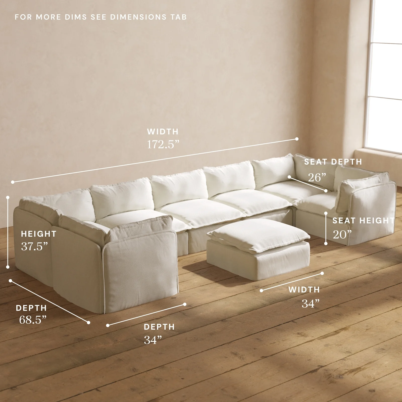 Modular Washable 7-Seater U-Sectional + Ottoman in Eggshell | Deluxe+ Seat | Cloud Pillow - Image 5
