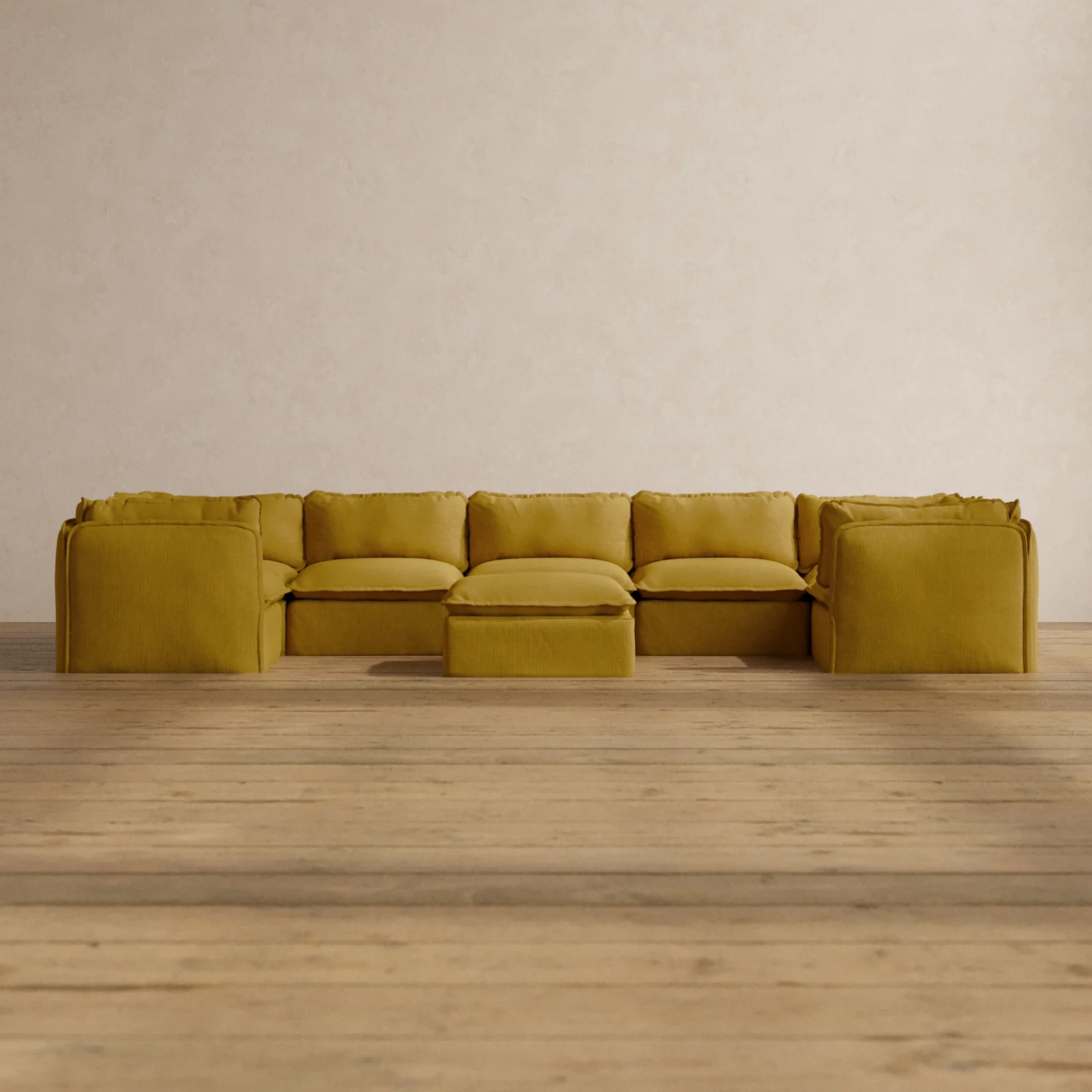 Modular Washable 7-Seater U-Sectional + Ottoman in Kiiro | Memorix+ Seat | Contour Pillow