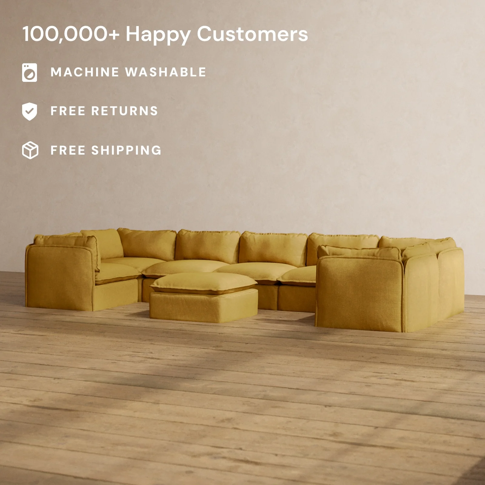 Modular Washable 7-Seater U-Sectional + Ottoman in Kiiro | Memorix+ Seat | Contour Pillow - Image 2