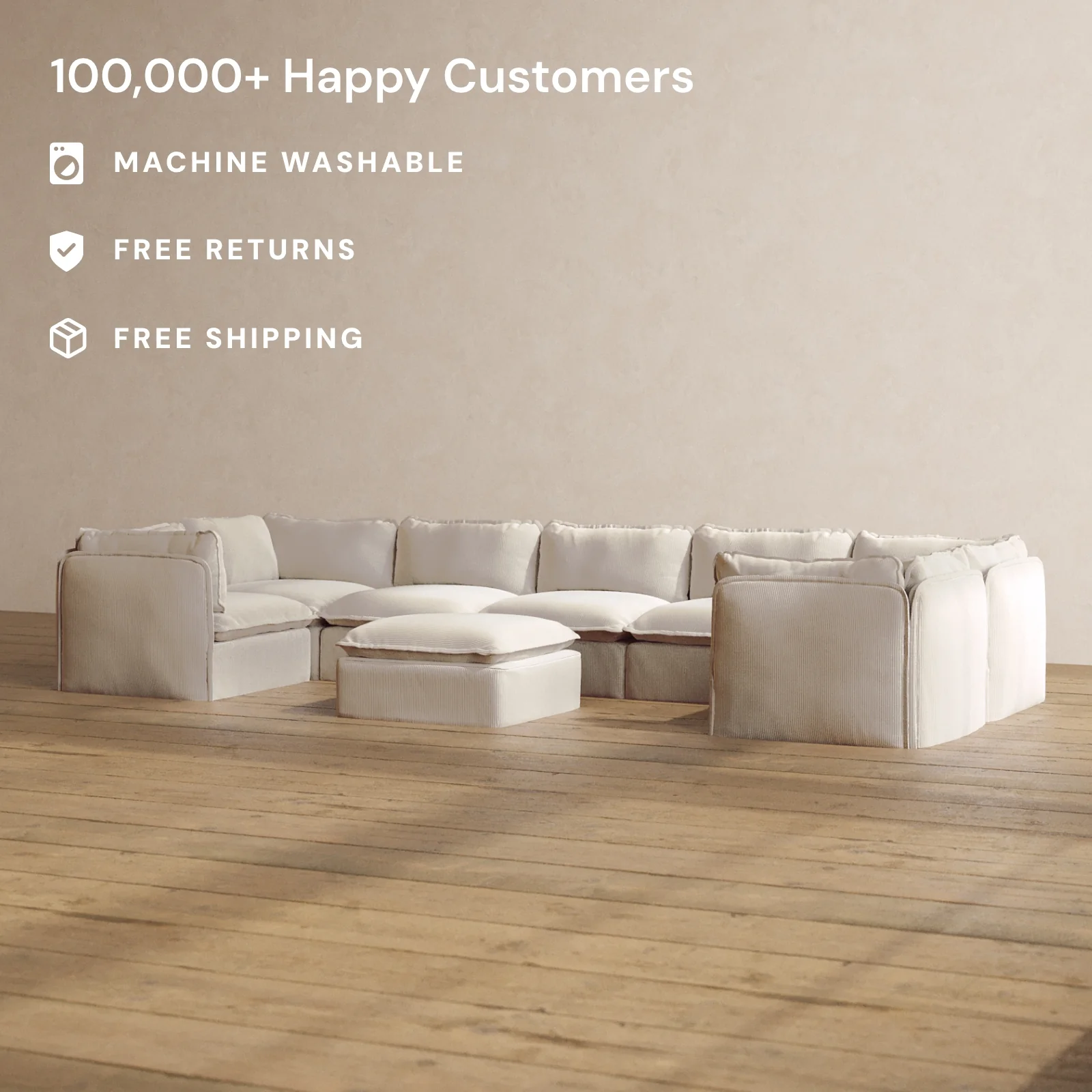 Modular Washable 7-Seater U-Sectional + Ottoman in Milk | Deluxe+ Seat | Cloud Pillow - Image 2