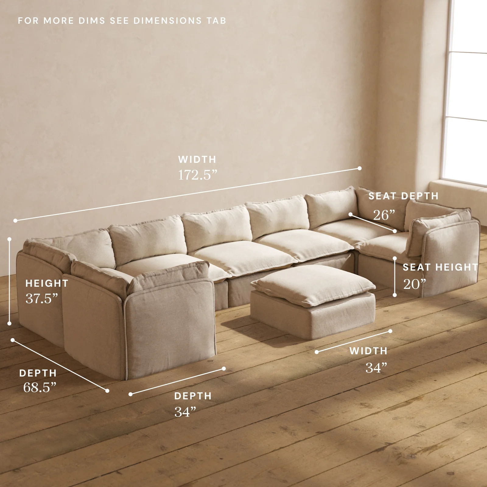 Modular Washable 7-Seater U-Sectional + Ottoman in Oat | Memorix+ Seat | Contour Pillow - Image 5