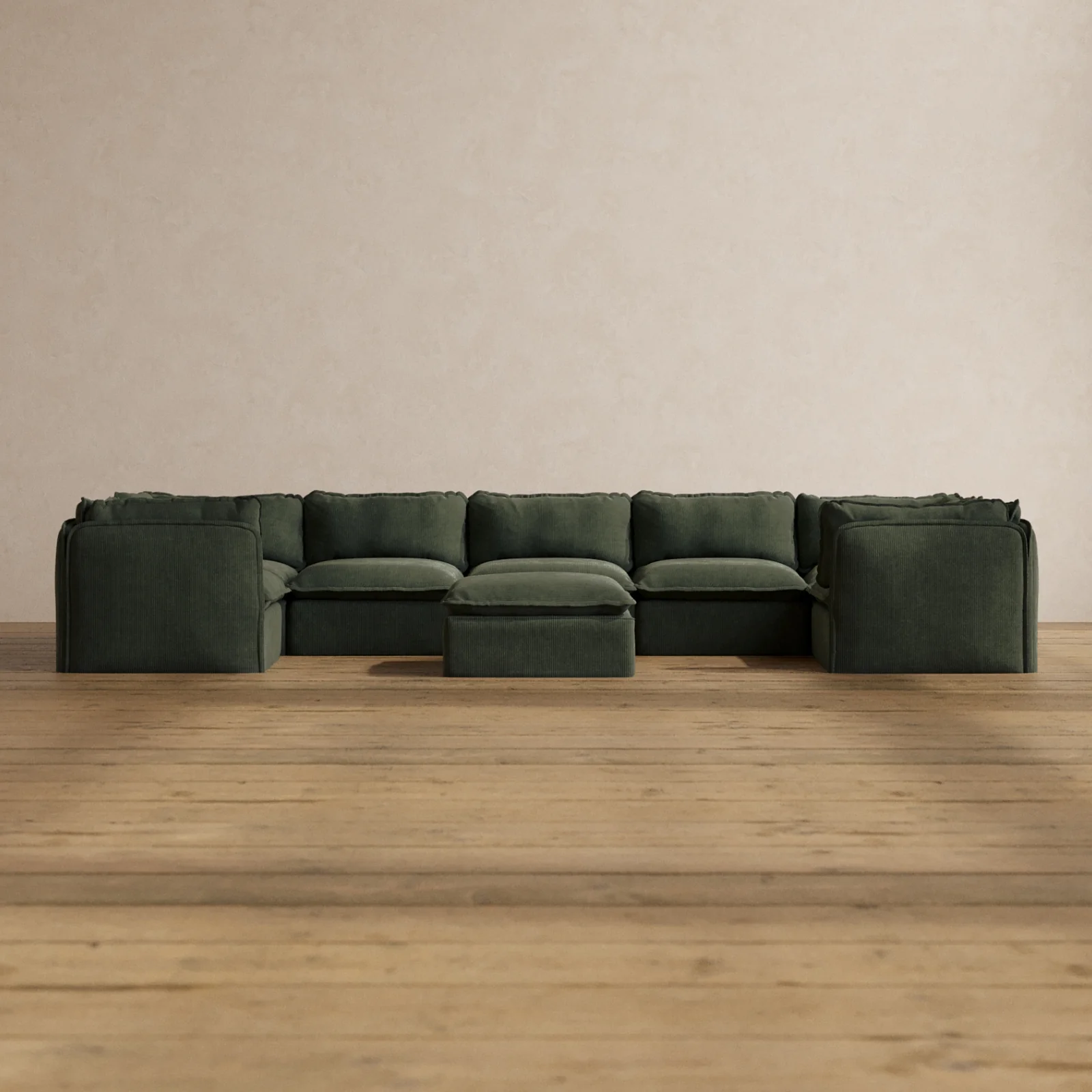 Modular Washable 7-Seater U-Sectional + Ottoman in Olivine | Memorix+ Seat | Contour Pillow
