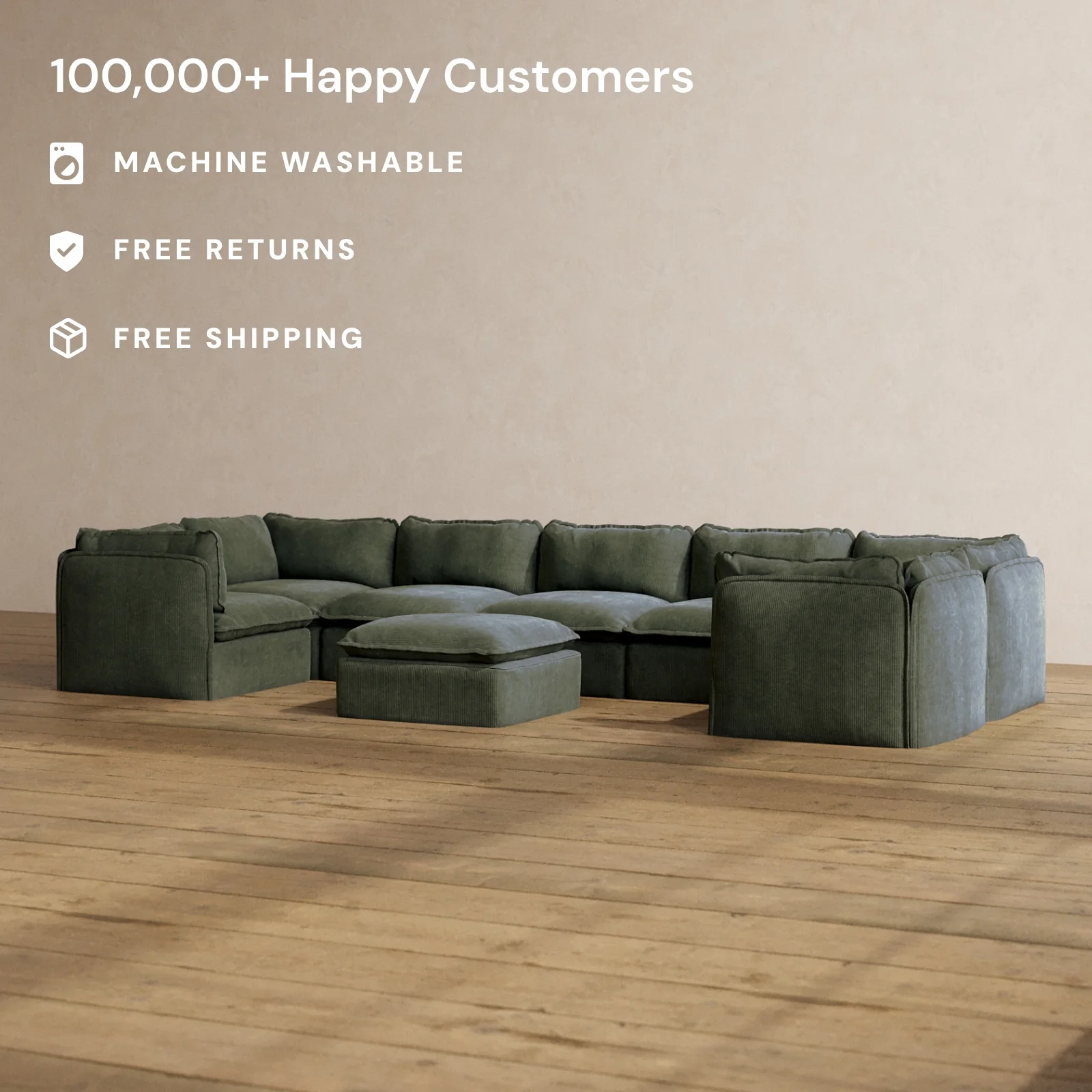 Modular Washable 7-Seater U-Sectional + Ottoman in Olivine | Memorix+ Seat | Contour Pillow - Image 2