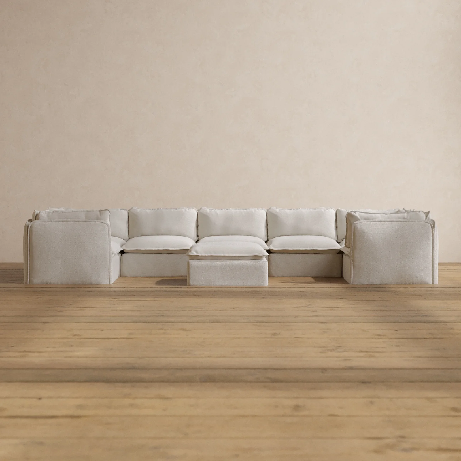 Modular Washable 7-Seater U-Sectional + Ottoman in Powder | Deluxe+ Seat | Cloud Pillow