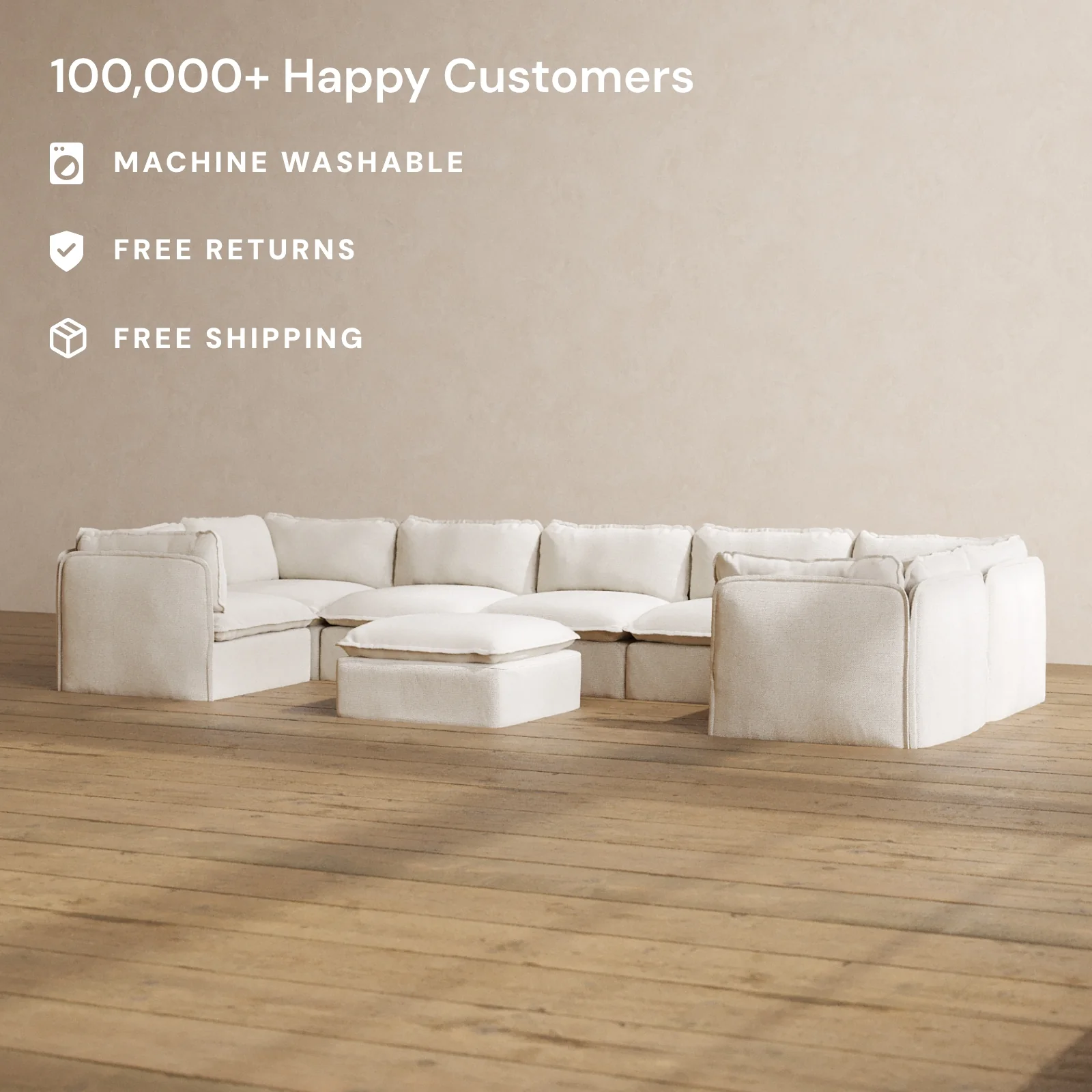 Modular Washable 7-Seater U-Sectional + Ottoman in Powder | Memorix+ Seat | Contour Pillow - Image 2