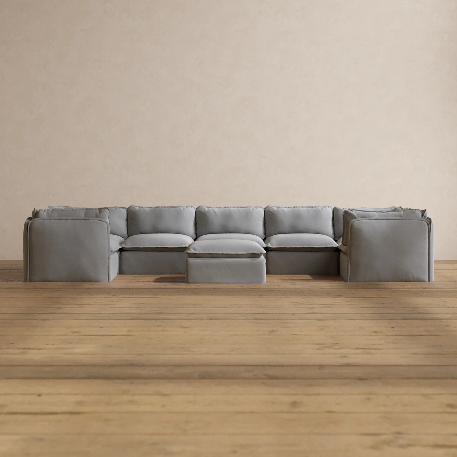Modular Washable 7-Seater U-Sectional + Ottoman in Pumice | Deluxe+ Seat | Cloud Pillow