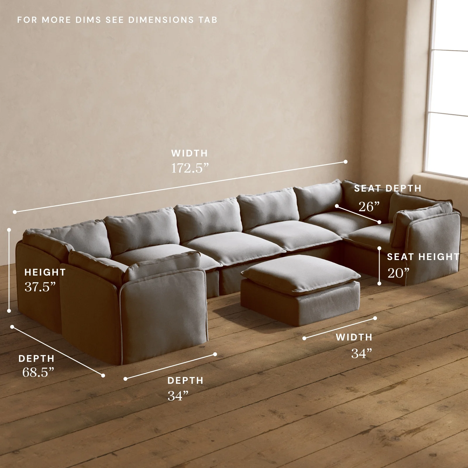 Modular Washable 7-Seater U-Sectional + Ottoman in Pumice | Deluxe+ Seat | Cloud Pillow - Image 5