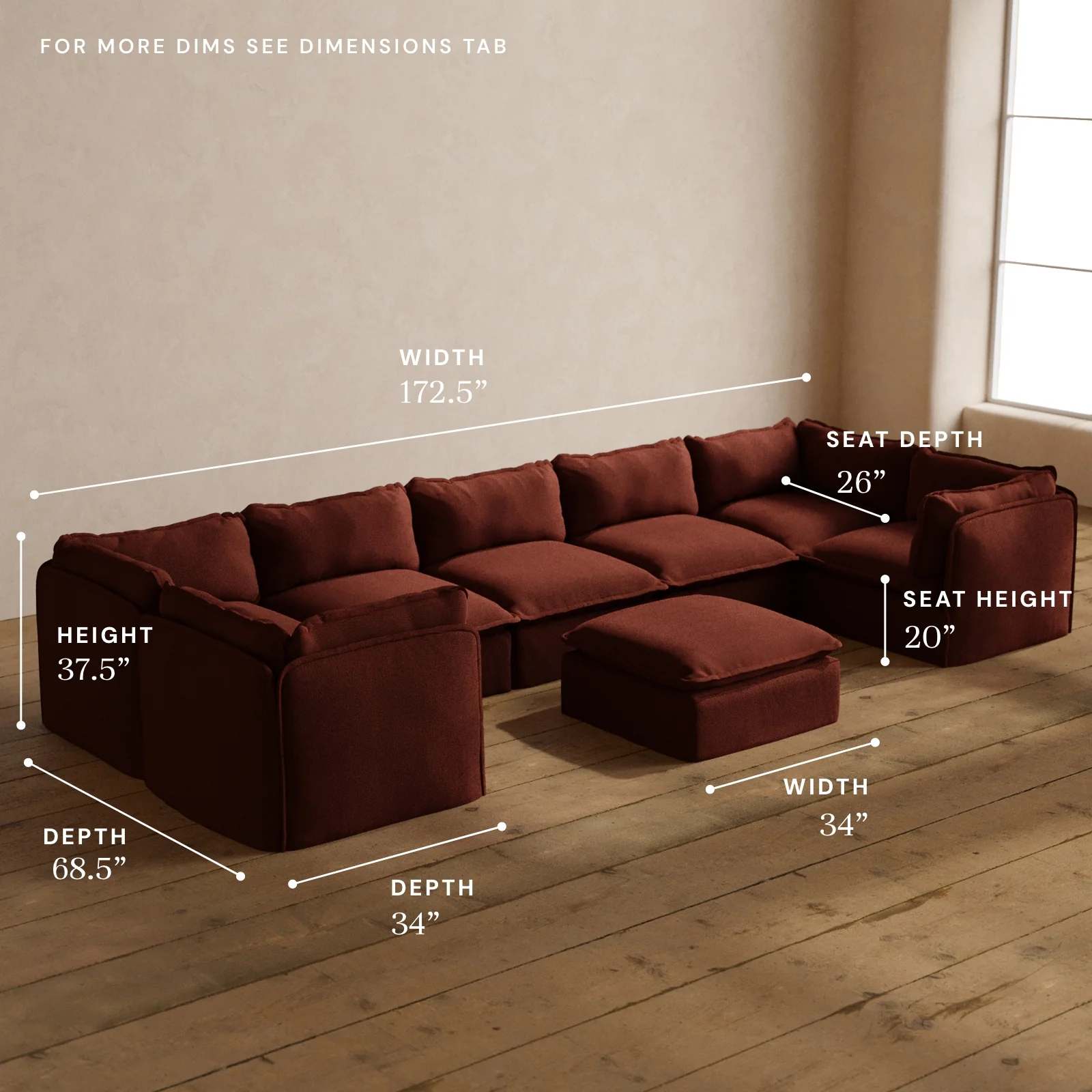 Modular Washable 7-Seater U-Sectional + Ottoman in Rust | Deluxe+ Seat | Cloud Pillow - Image 5