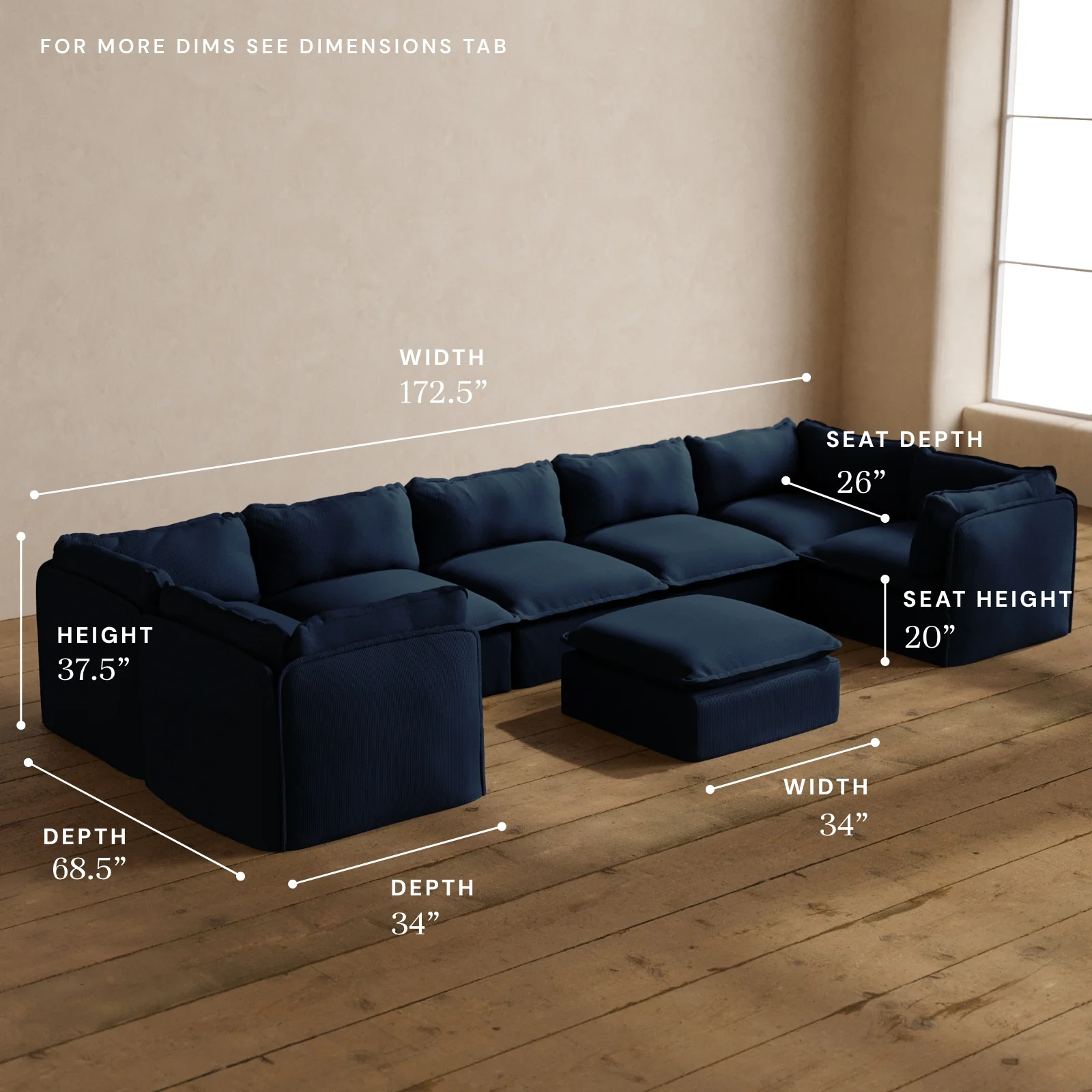 Modular Washable 7-Seater U-Sectional + Ottoman in Sumi | Memorix+ Seat | Contour Pillow - Image 5