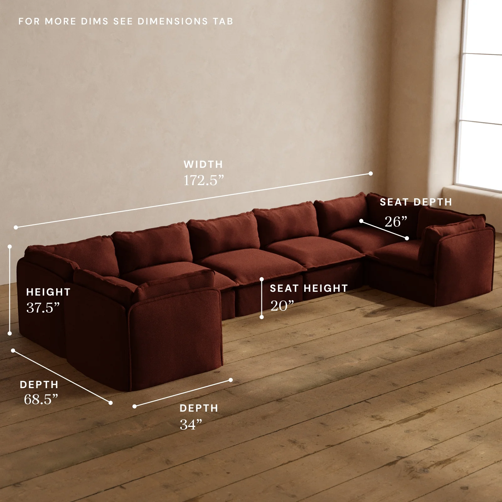 Modular Washable 7-Seater U-Sectional in Rust | Deluxe+ Seat | Cloud Pillow - Image 5