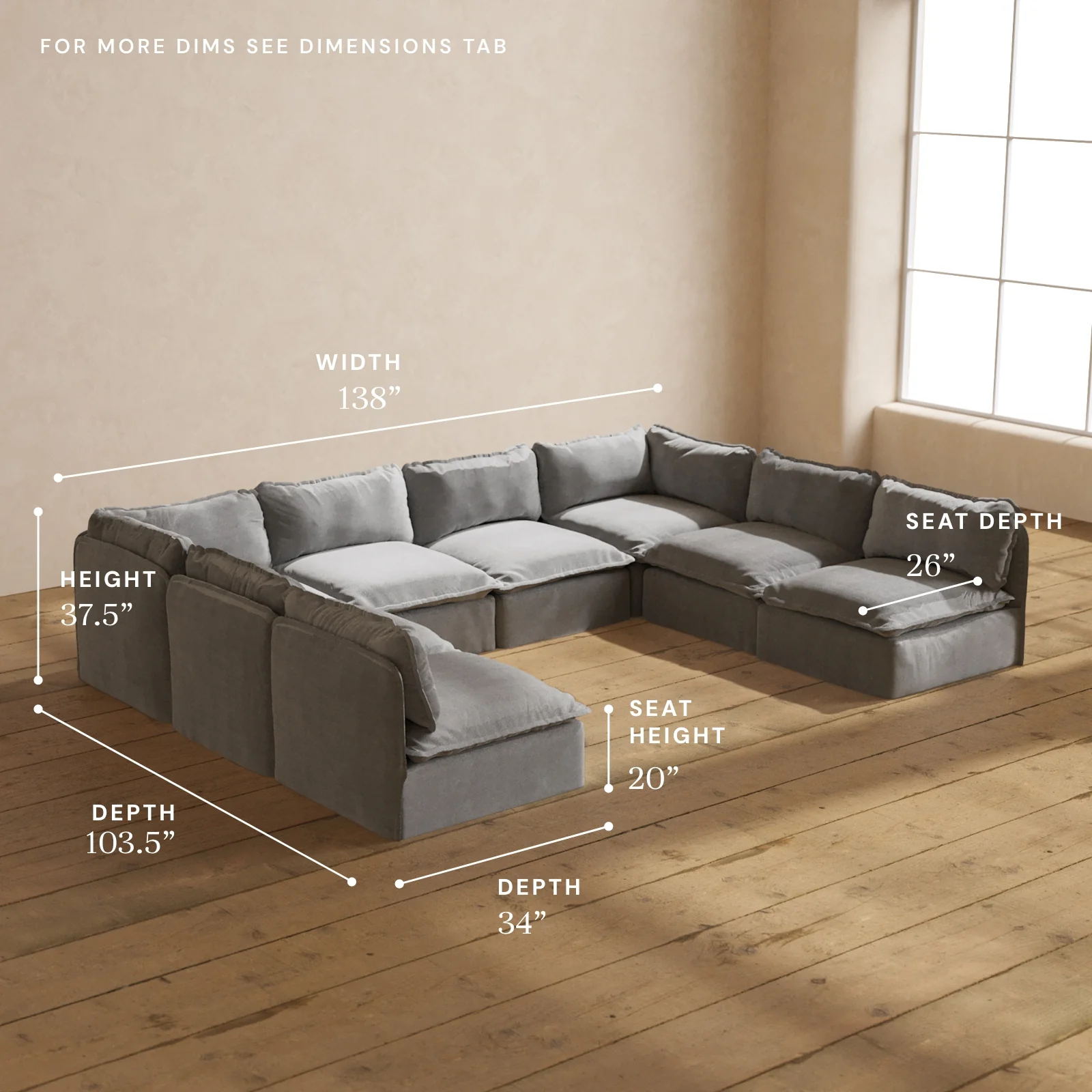 Modular Washable 8-Seater Open-Ends U-Sectional in Ash | Deluxe+ Seat | Cloud Pillow - Image 5