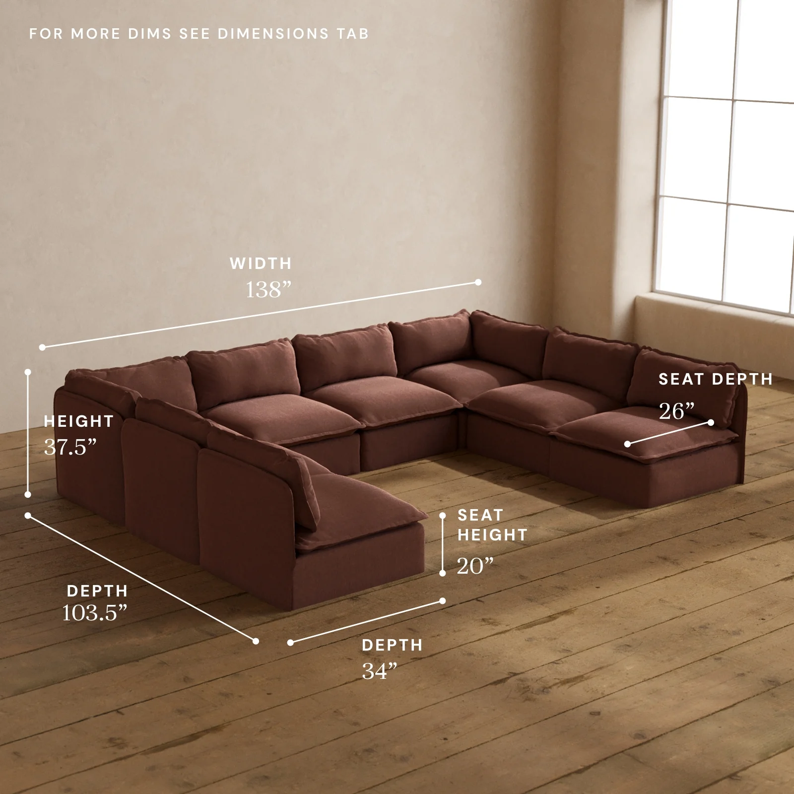 Modular Washable 8-Seater Open-Ends U-Sectional in Chestnut | Memorix+ Seat | Contour Pillow - Image 5