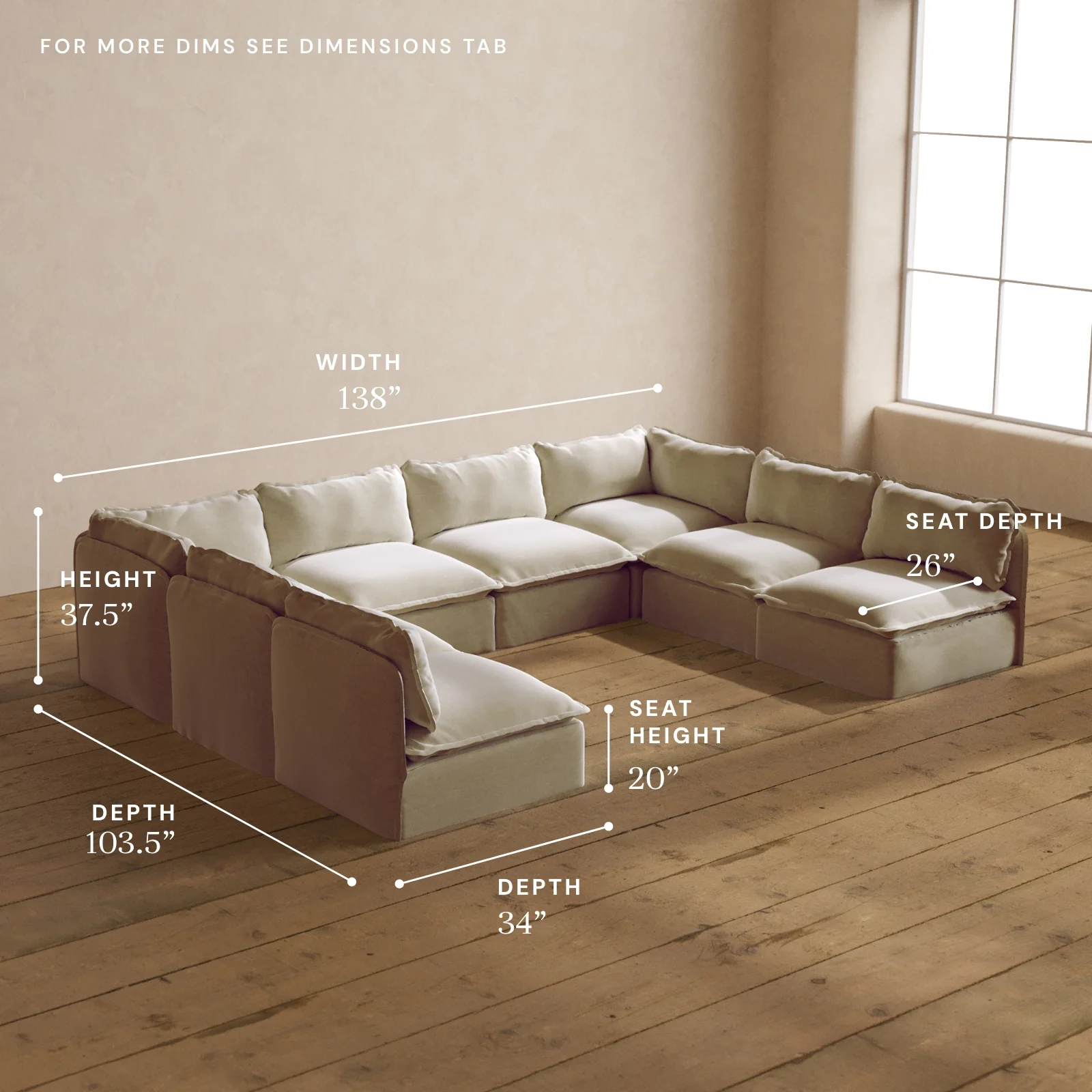 Modular Washable 8-Seater Open-Ends U-Sectional in Coco | Deluxe+ Seat | Cloud Pillow - Image 5