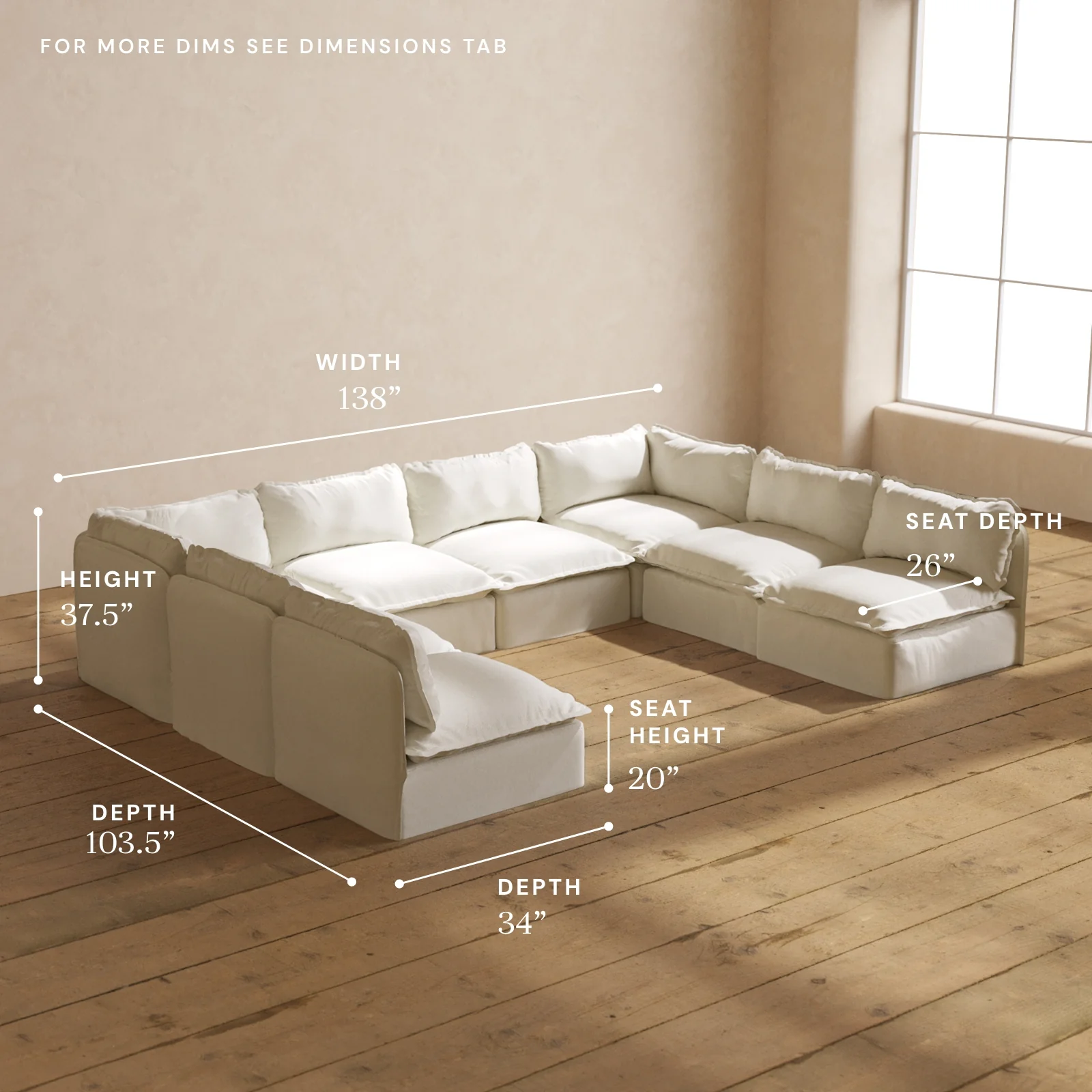 Modular Washable 8-Seater Open-Ends U-Sectional in Eggshell | Deluxe+ Seat | Cloud Pillow - Image 5